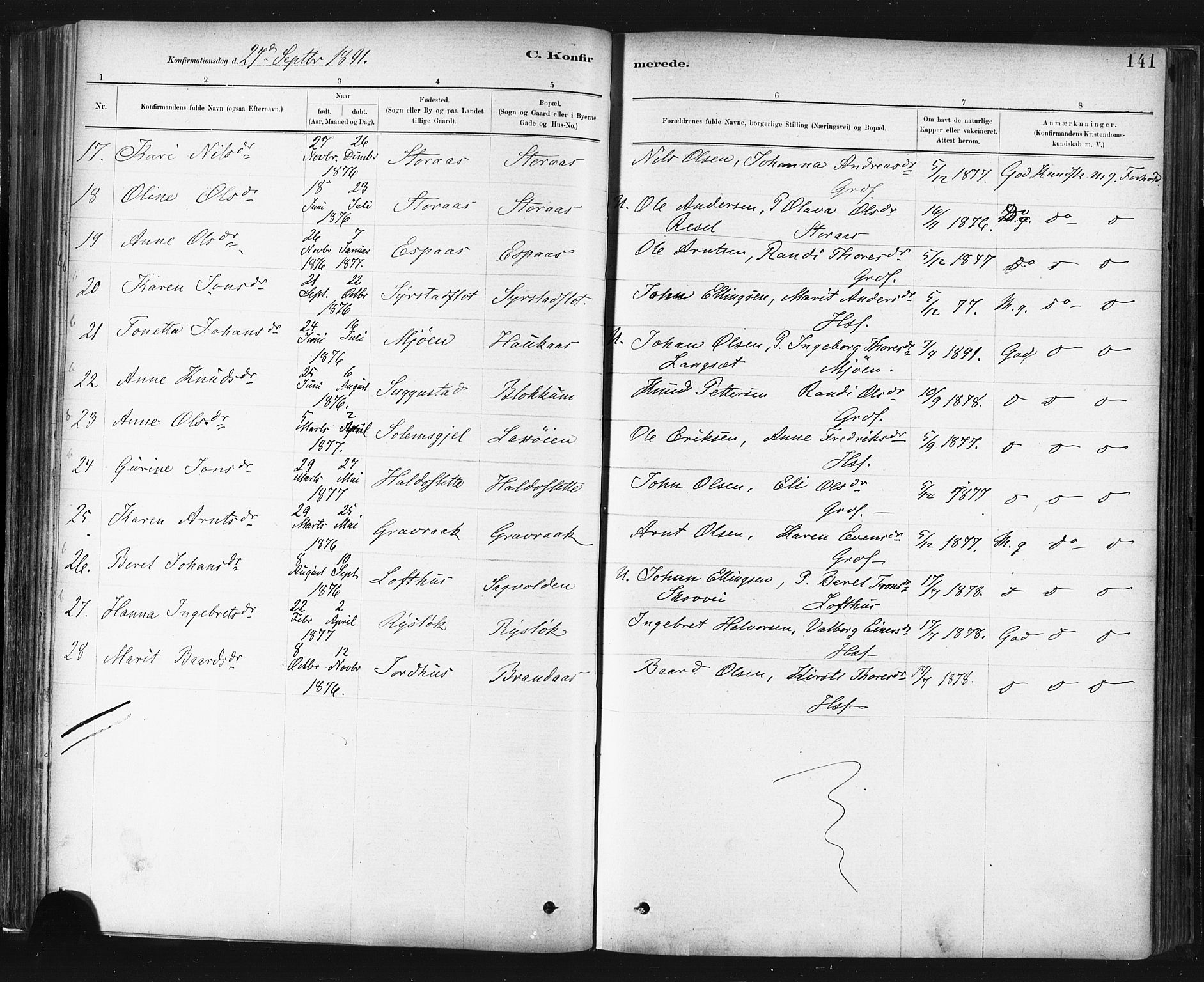 Ministerialprotokoller, klokkerbøker og fødselsregistre - Sør-Trøndelag, SAT/A-1456/672/L0857: Parish register (official) no. 672A09, 1882-1893, p. 141