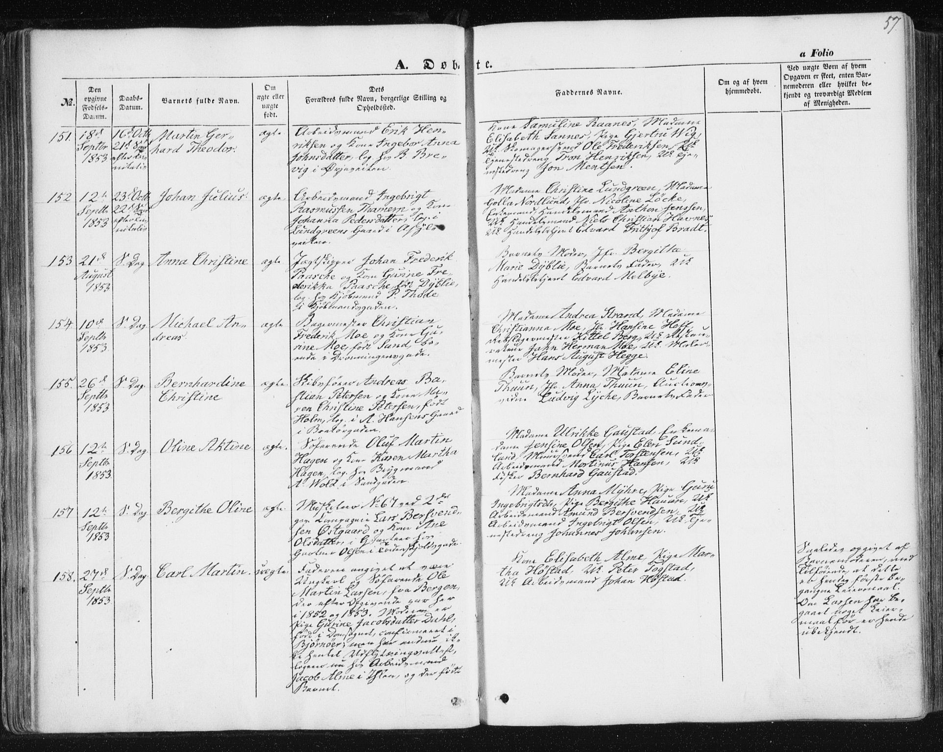 Ministerialprotokoller, klokkerbøker og fødselsregistre - Sør-Trøndelag, AV/SAT-A-1456/602/L0112: Parish register (official) no. 602A10, 1848-1859, p. 57