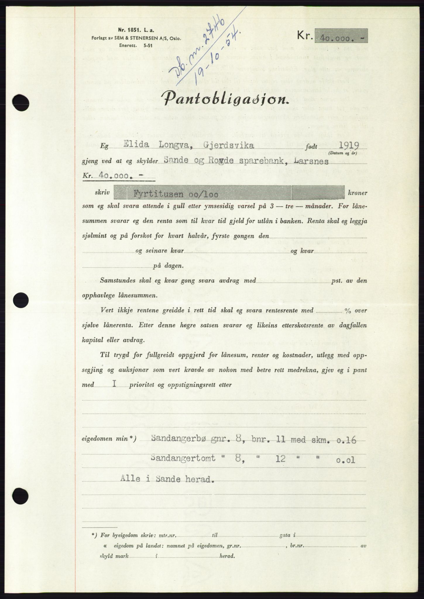 Søre Sunnmøre sorenskriveri, AV/SAT-A-4122/1/2/2C/L0126: Mortgage book no. 14B, 1954-1955, Diary no: : 2746/1954