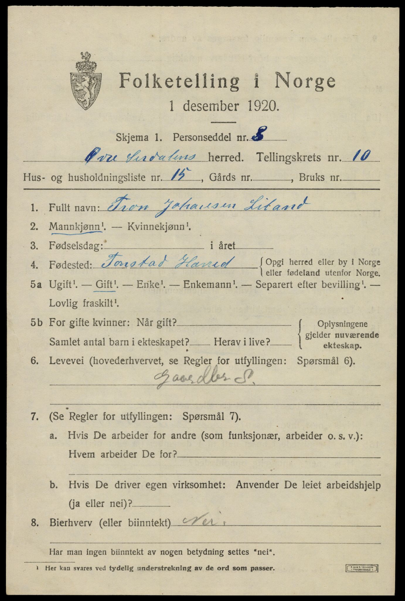 SAK, 1920 census for Øvre Sirdal, 1920, p. 1815