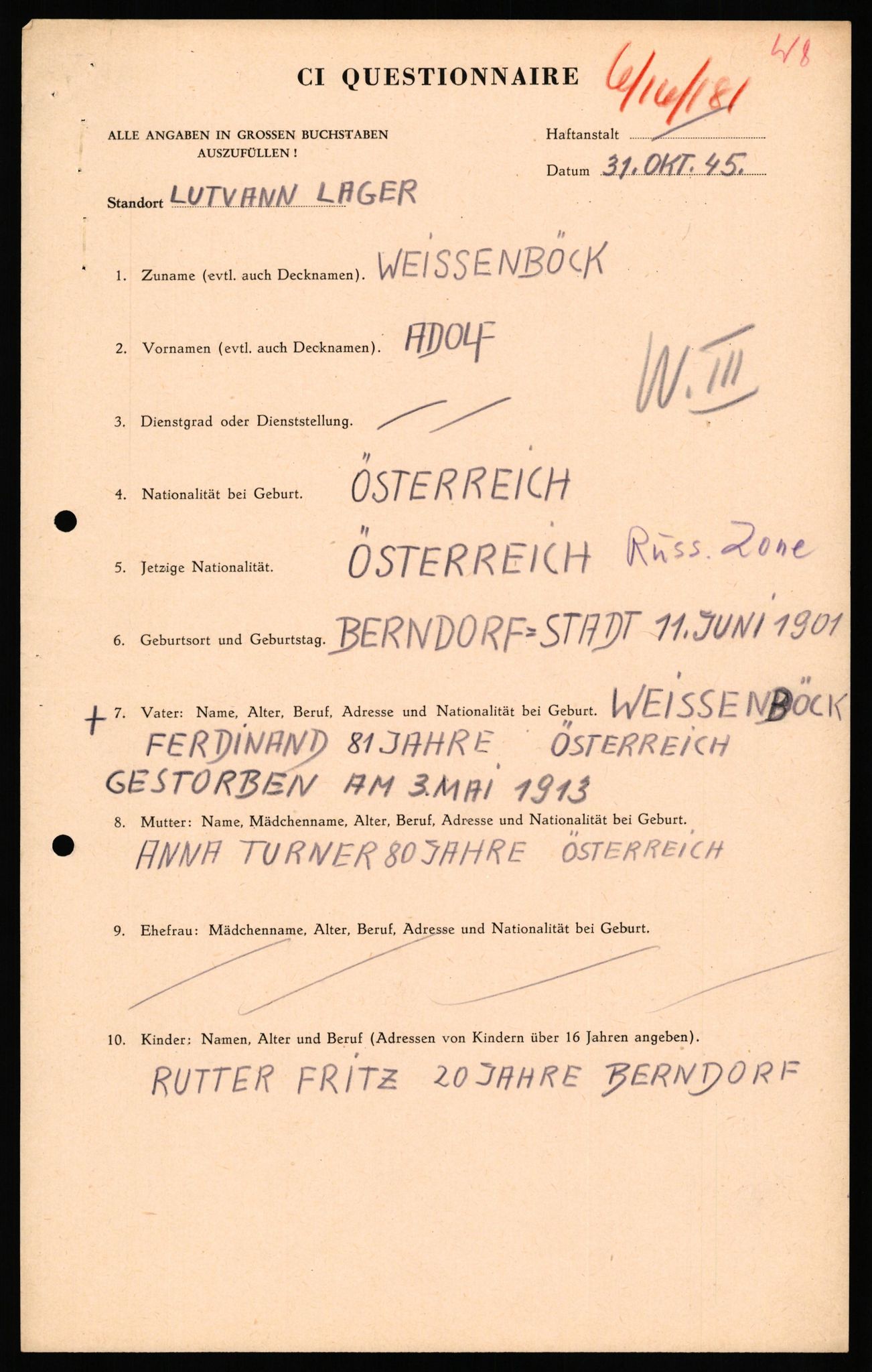 Forsvaret, Forsvarets overkommando II, AV/RA-RAFA-3915/D/Db/L0040: CI Questionaires. Tyske okkupasjonsstyrker i Norge. Østerrikere., 1945-1946, p. 389