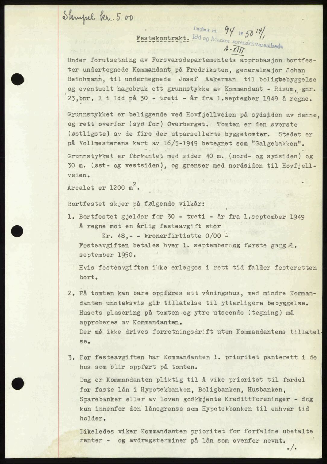 Idd og Marker sorenskriveri, AV/SAO-A-10283/G/Gb/Gbb/L0013: Mortgage book no. A13, 1949-1950, Diary no: : 94/1950