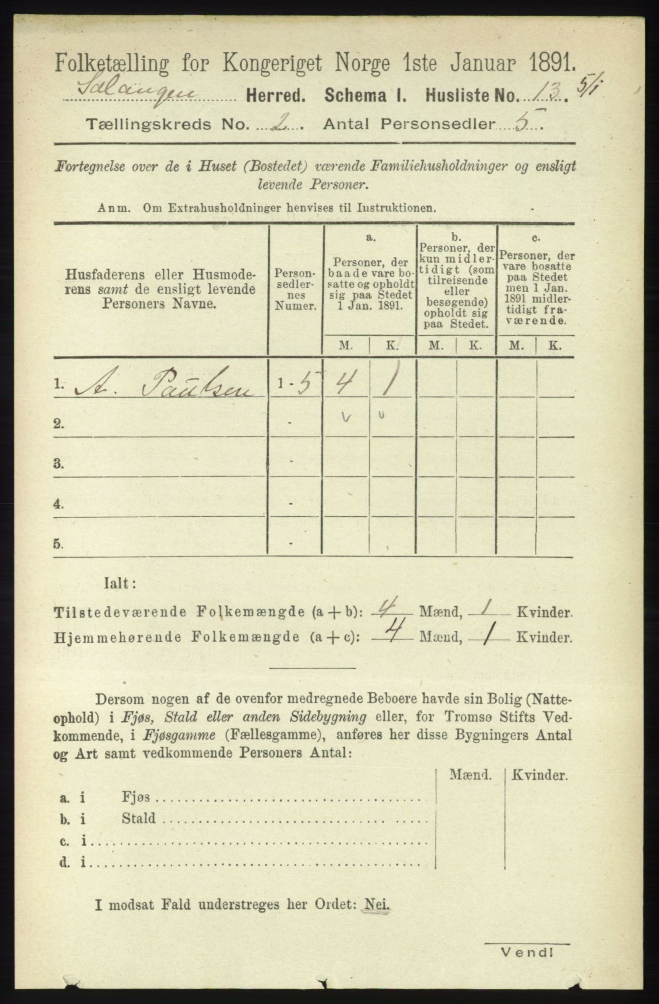 RA, 1891 census for 1921 Salangen, 1891, p. 487