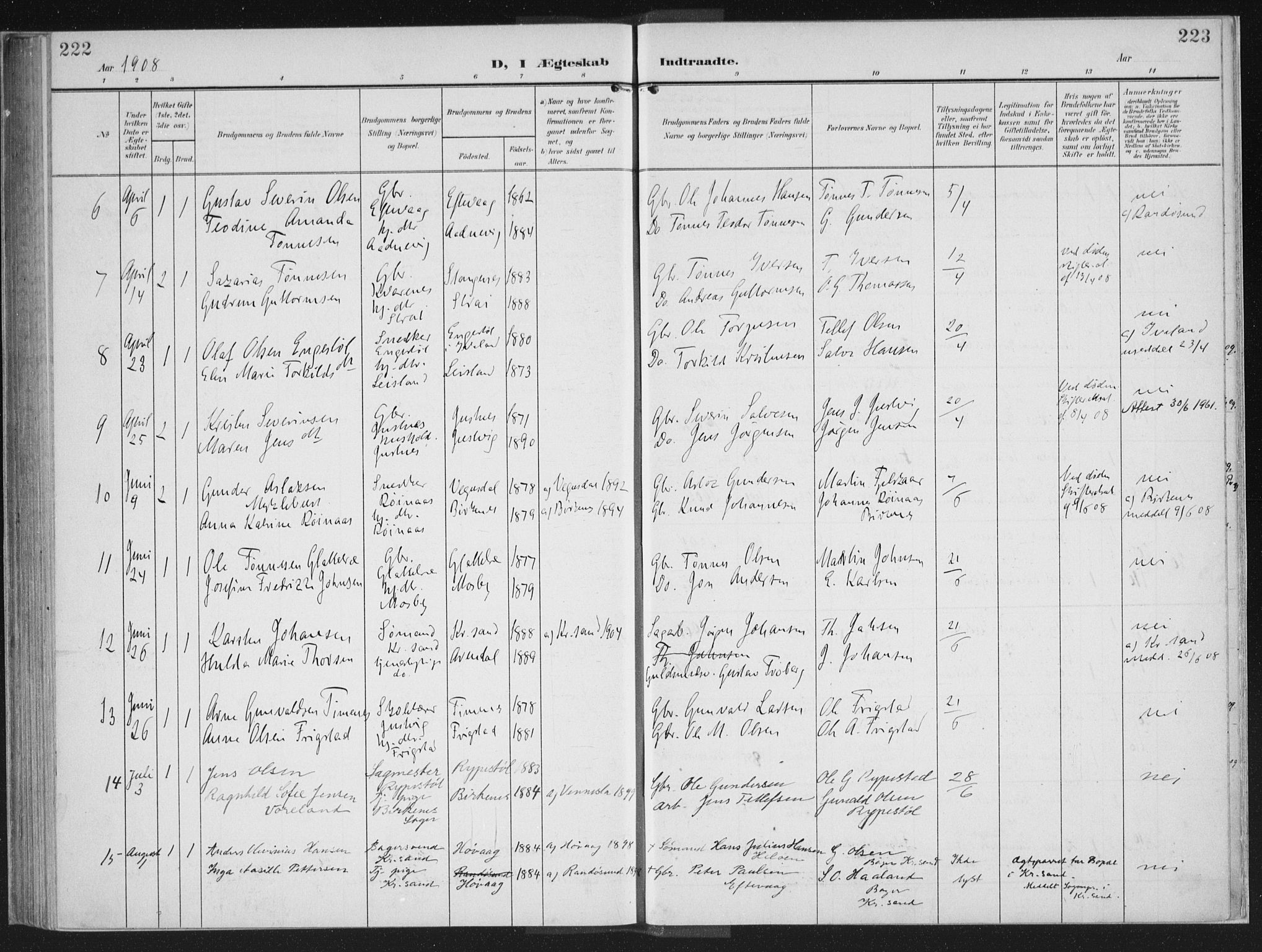 Oddernes sokneprestkontor, AV/SAK-1111-0033/F/Fa/Faa/L0011: Parish register (official) no. A 11, 1904-1911, p. 222-223