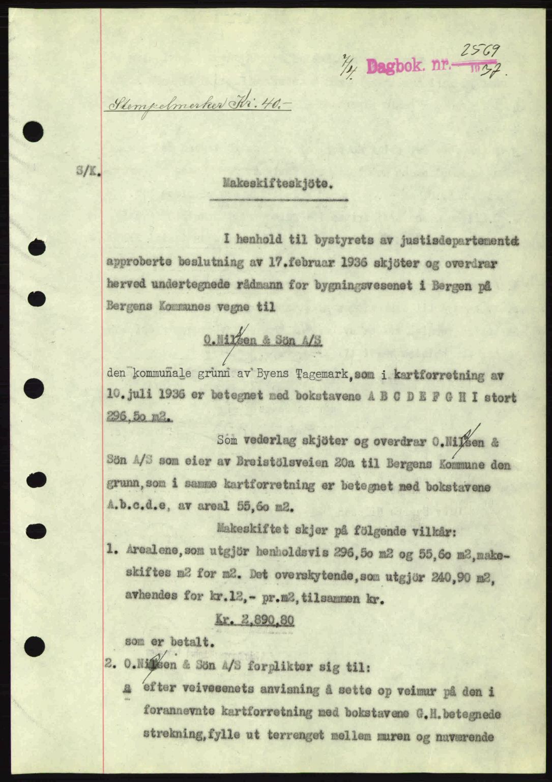 Byfogd og Byskriver i Bergen, SAB/A-3401/03/03Bc/L0004: Mortgage book no. A3-4, 1936-1937, Diary no: : 2569/1937
