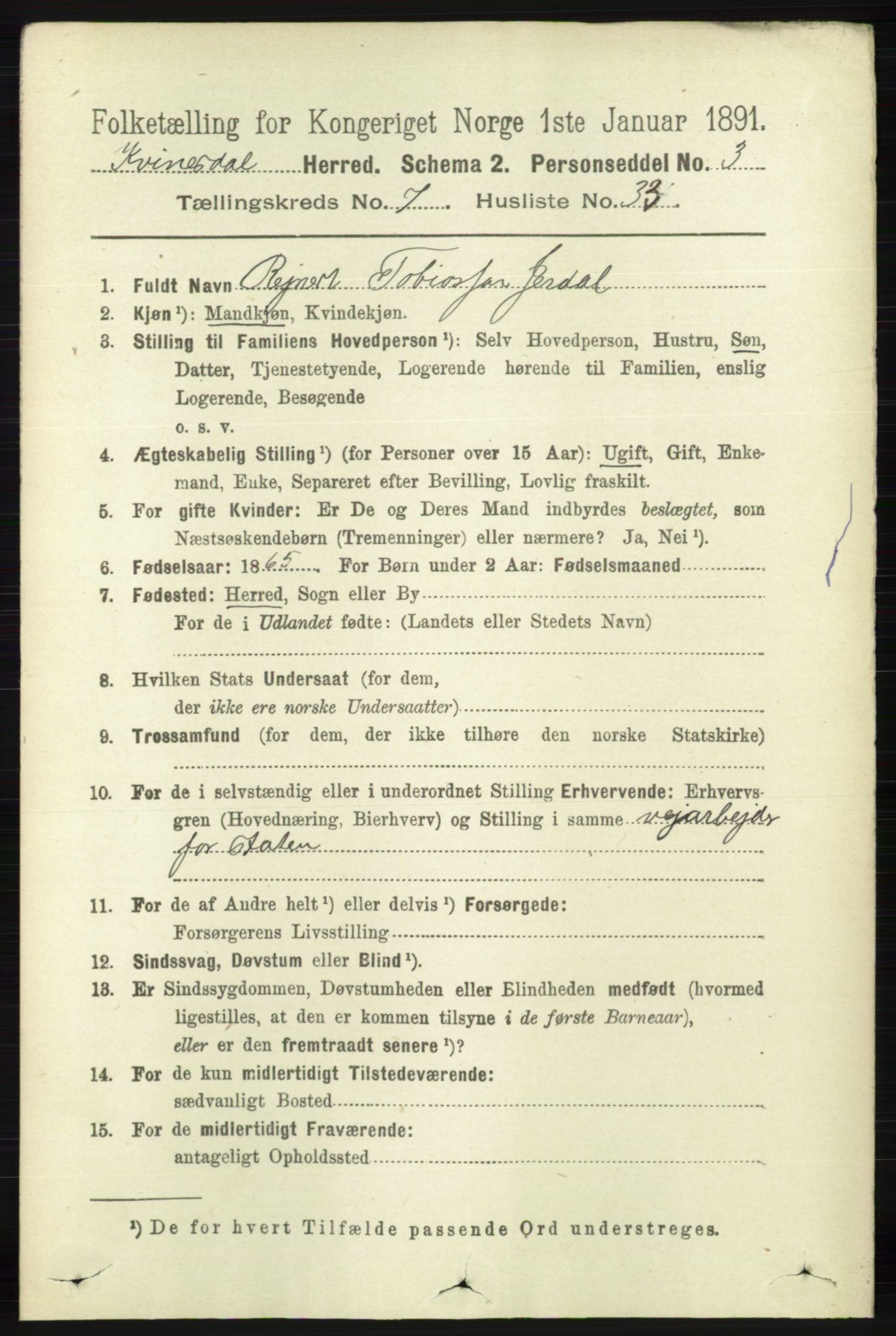 RA, 1891 census for 1037 Kvinesdal, 1891, p. 2627