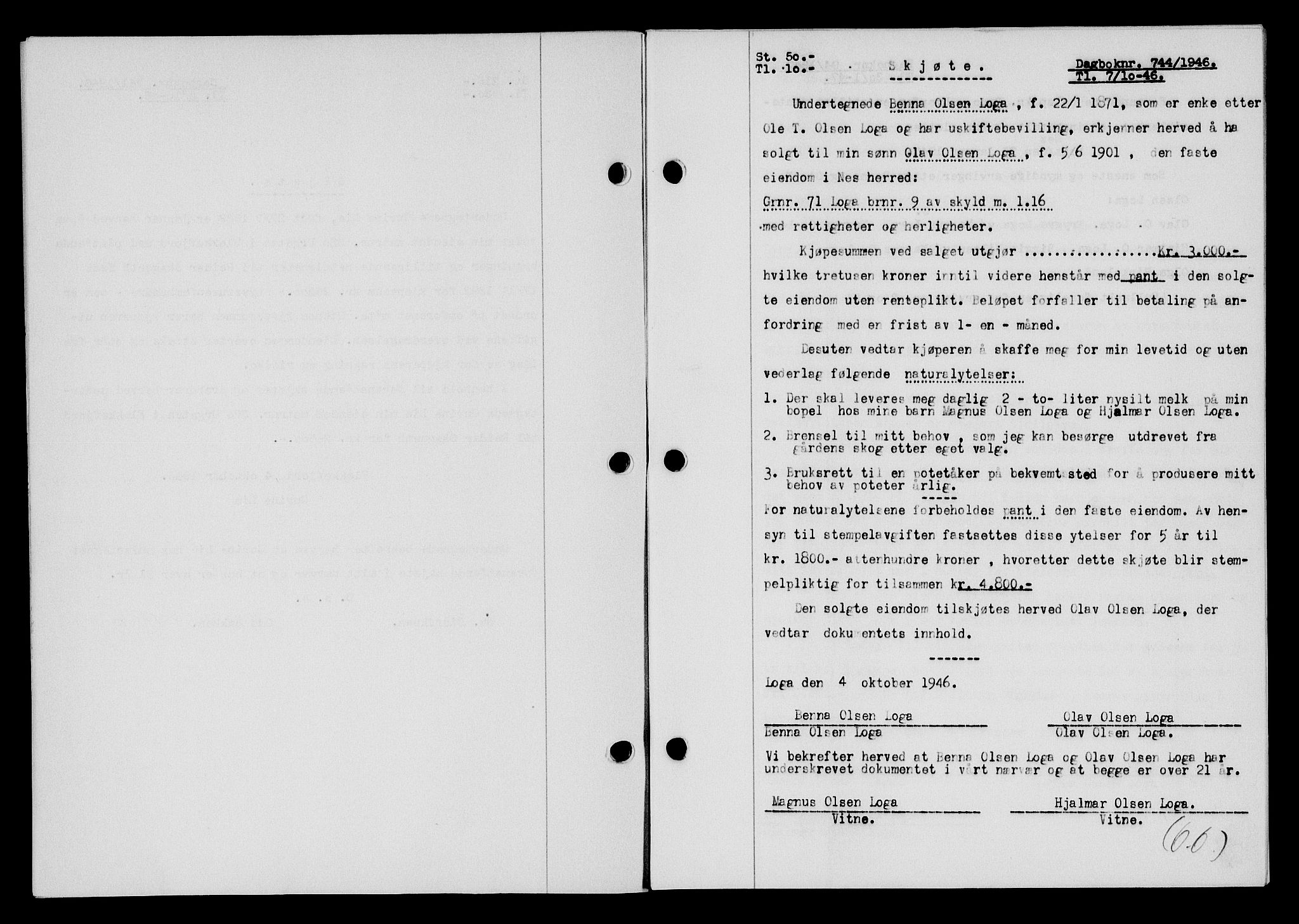 Flekkefjord sorenskriveri, AV/SAK-1221-0001/G/Gb/Gba/L0061: Mortgage book no. A-9, 1946-1947, Diary no: : 744/1946