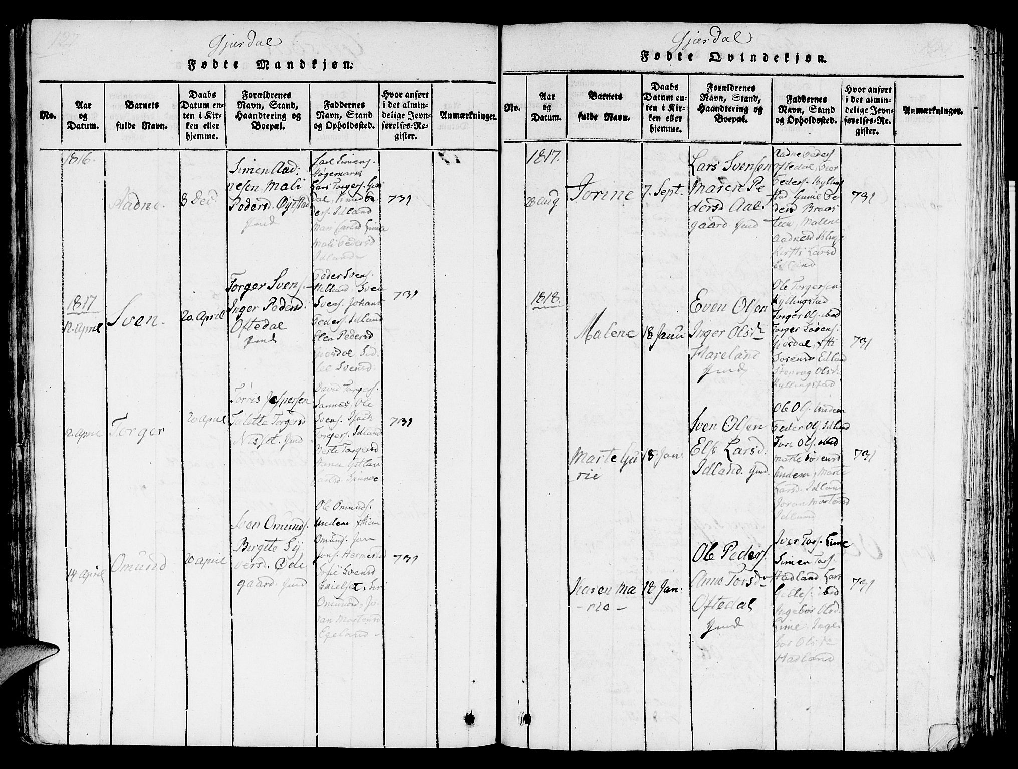 Lye sokneprestkontor, SAST/A-101794/001/30/30BA/L0003: Parish register (official) no. A 3 /2, 1816-1826, p. 127-128