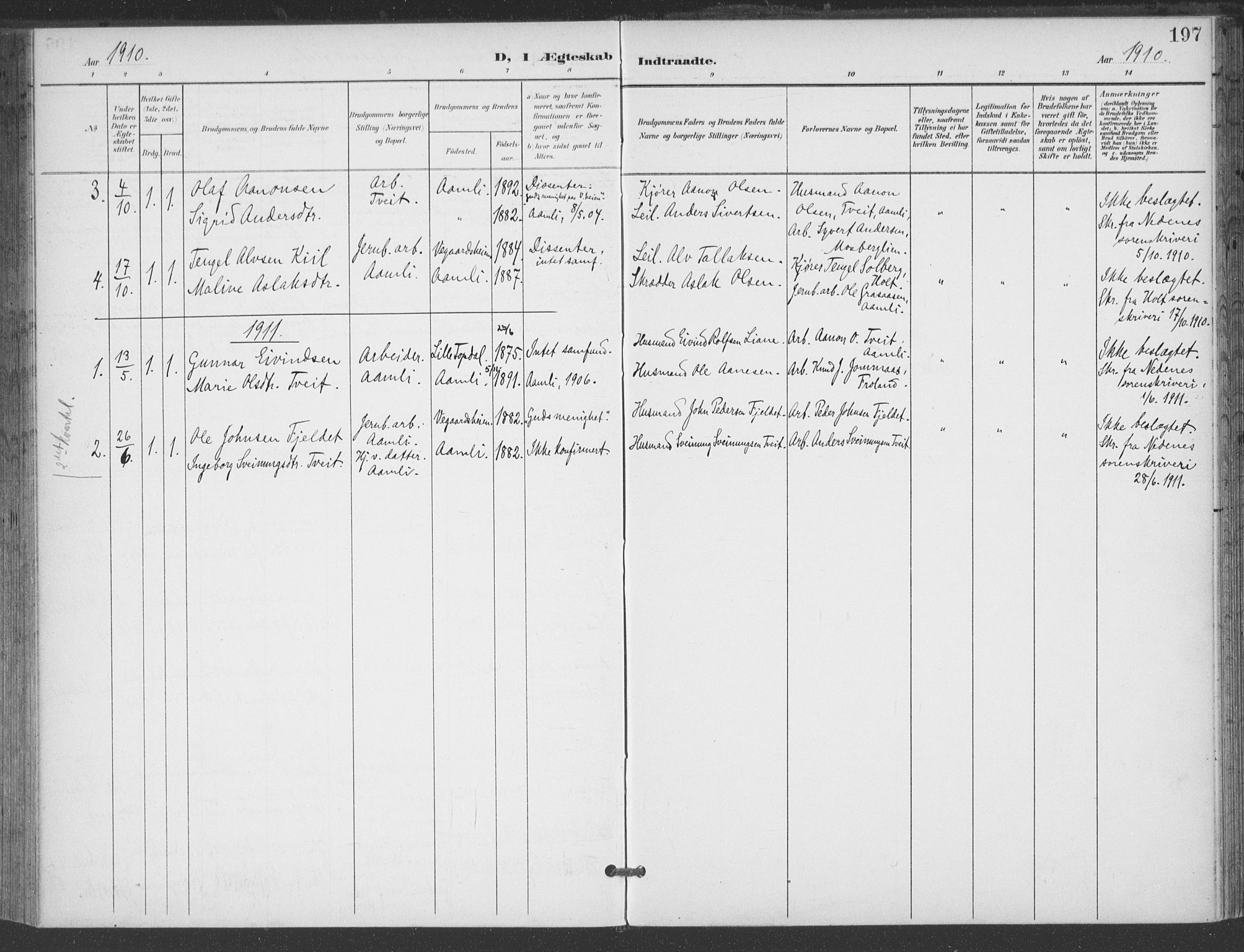 Åmli sokneprestkontor, SAK/1111-0050/F/Fa/Fac/L0012: Parish register (official) no. A 12, 1900-1914, p. 197