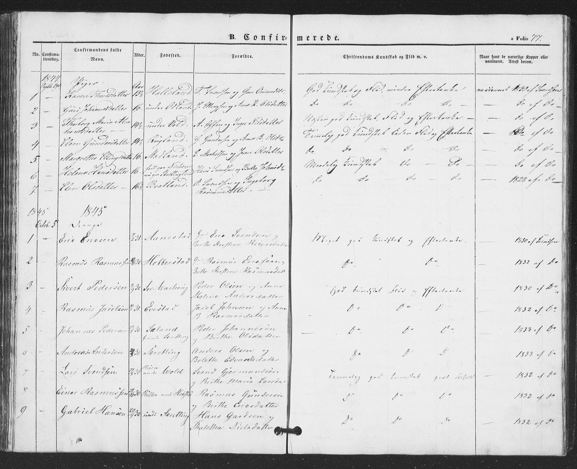 Hå sokneprestkontor, AV/SAST-A-101801/001/30BA/L0007: Parish register (official) no. A 6, 1842-1855, p. 77