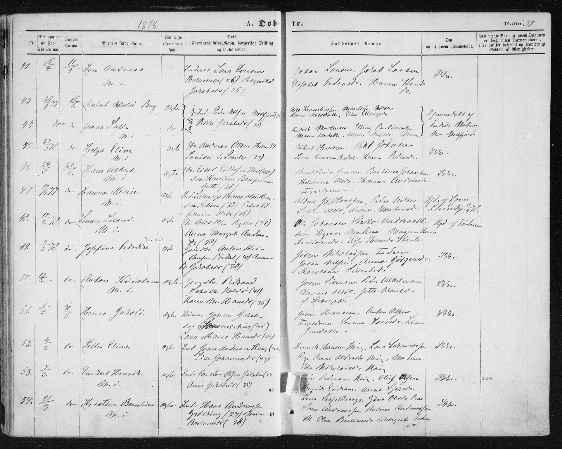 Ministerialprotokoller, klokkerbøker og fødselsregistre - Nordland, AV/SAT-A-1459/888/L1243: Parish register (official) no. 888A09, 1876-1879, p. 38