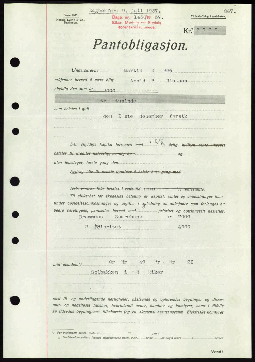 Eiker, Modum og Sigdal sorenskriveri, SAKO/A-123/G/Ga/Gab/L0035: Mortgage book no. A5, 1937-1937, Diary no: : 1456/1937