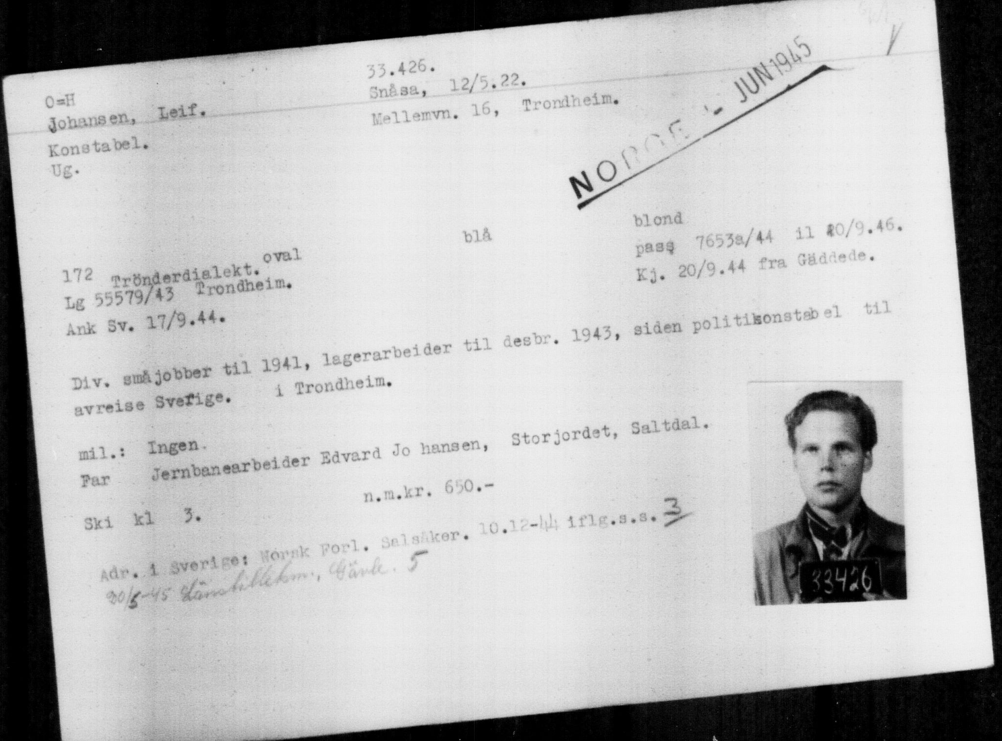 Utenriksstasjonene, Legasjonen i Stockholm, Flyktningkontoret, AV/RA-S-6753/V/Va/L0013: Kjesäterkartoteket, flyktninger med registreringsnr. 31500-34731, 1940-1945, p. 2029