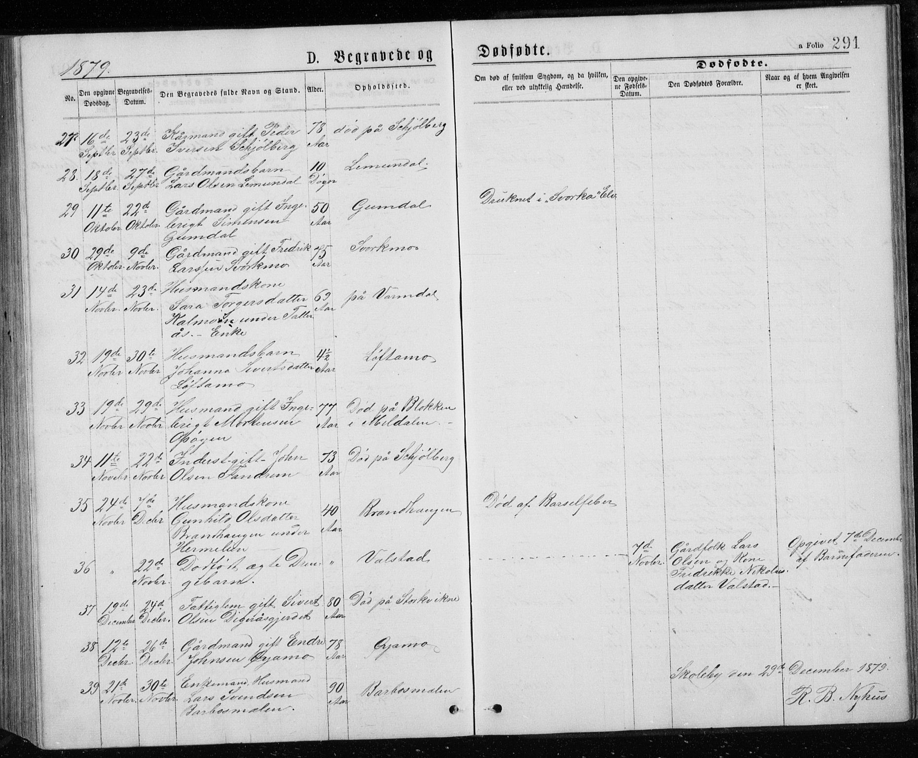 Ministerialprotokoller, klokkerbøker og fødselsregistre - Sør-Trøndelag, AV/SAT-A-1456/671/L0843: Parish register (copy) no. 671C02, 1873-1892, p. 291