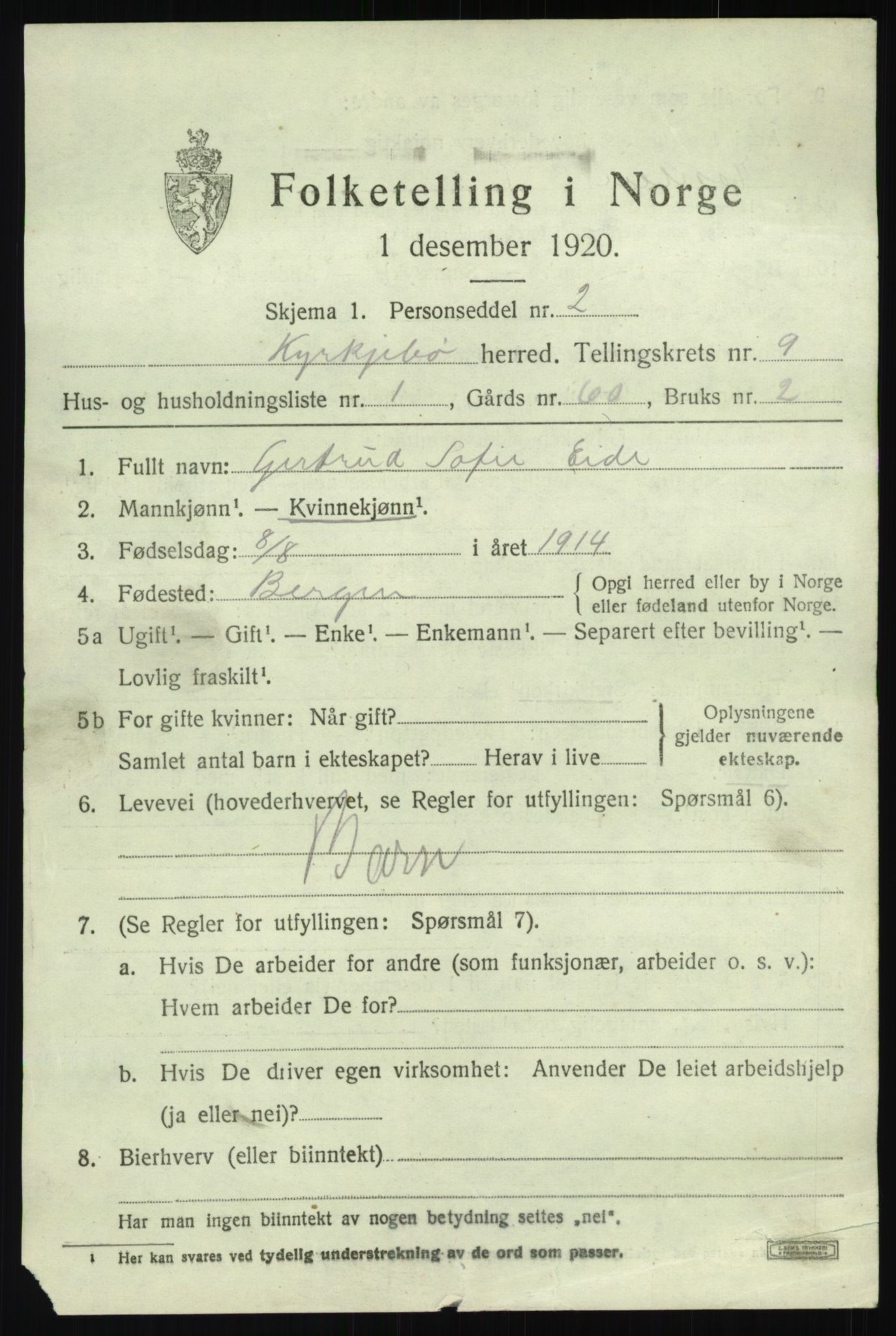 SAB, 1920 census for Kyrkjebø, 1920, p. 3859