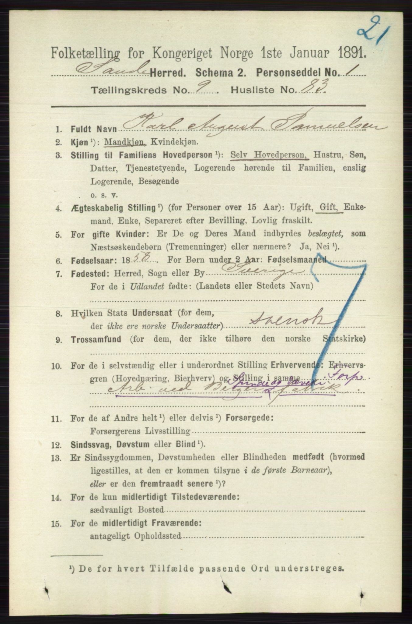 RA, 1891 census for 0713 Sande, 1891, p. 4470