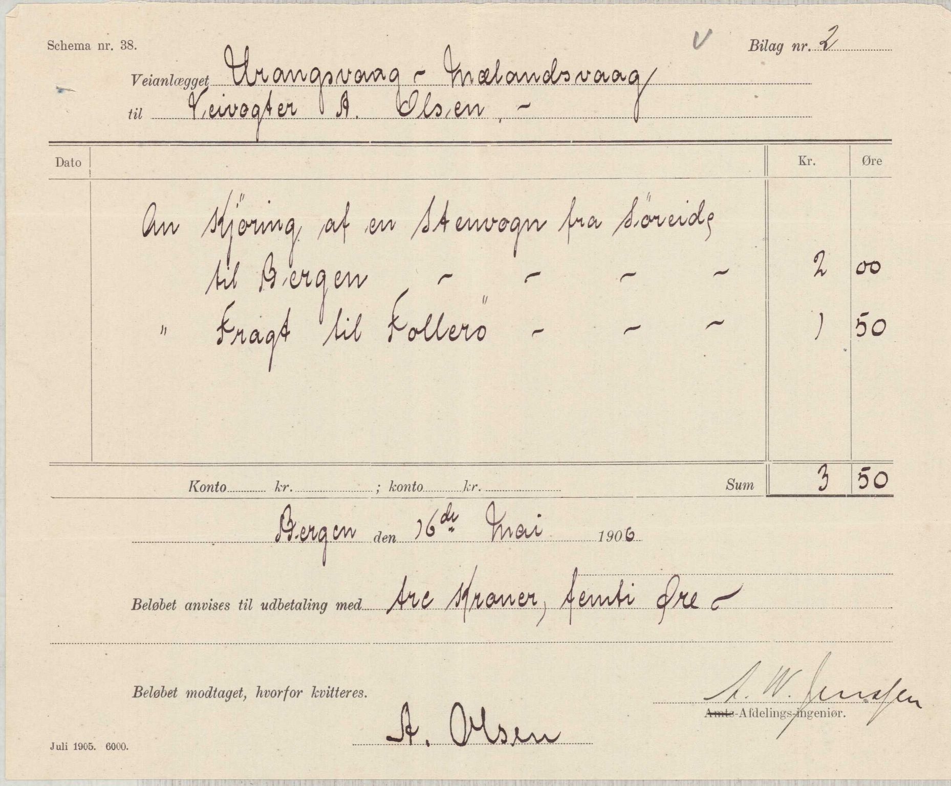 Finnaas kommune. Formannskapet, IKAH/1218a-021/E/Ea/L0002/0004: Rekneskap for veganlegg / Rekneskap for veganlegget Urangsvåg - Mælandsvåg, 1906, p. 18