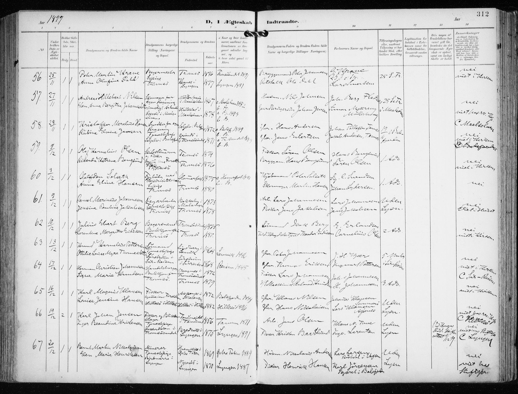 Tromsø sokneprestkontor/stiftsprosti/domprosti, AV/SATØ-S-1343/G/Ga/L0016kirke: Parish register (official) no. 16, 1899-1906, p. 312