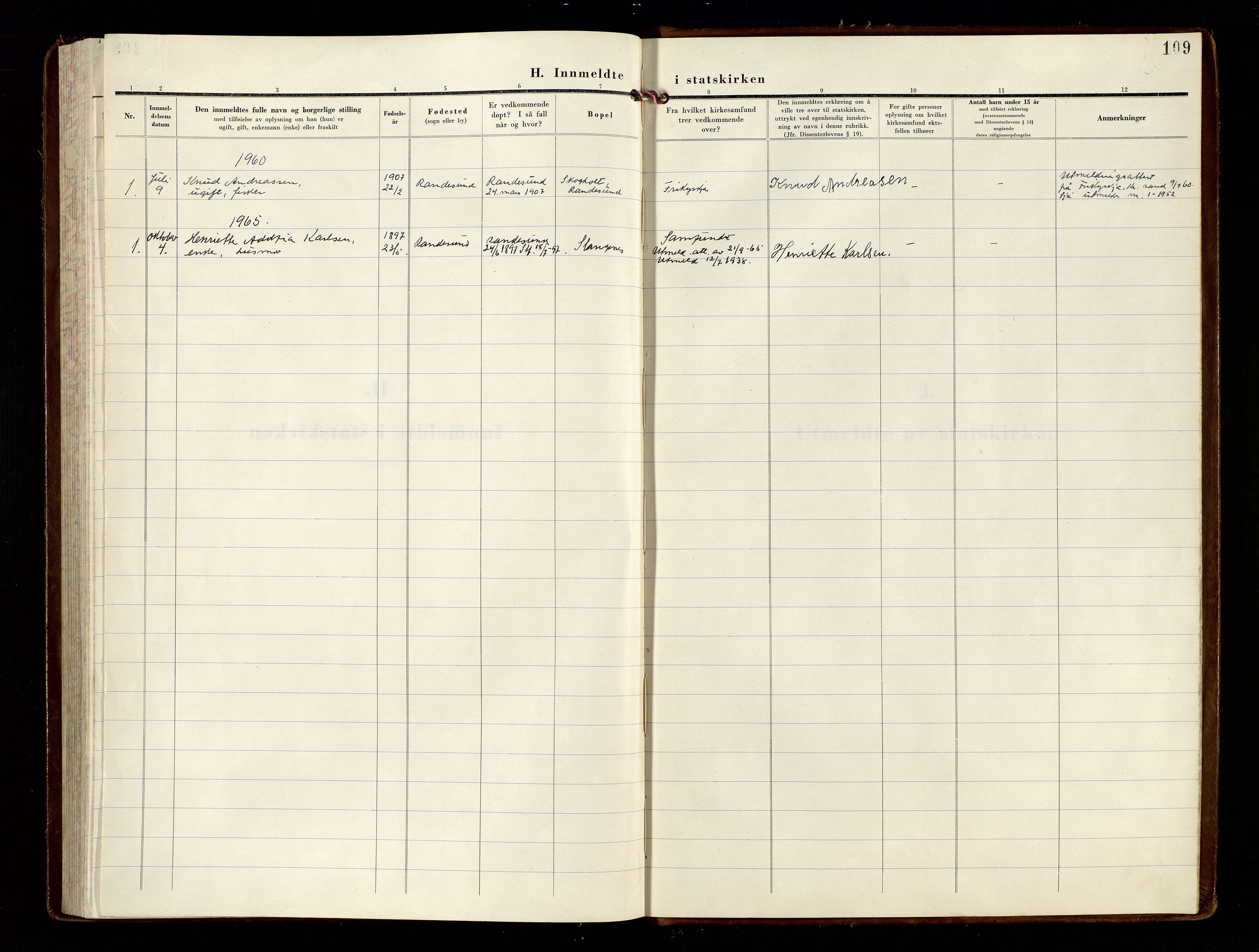 Oddernes sokneprestkontor, SAK/1111-0033/F/Fa/Fab/L0006: Parish register (official) no. A 6, 1954-1965, p. 109