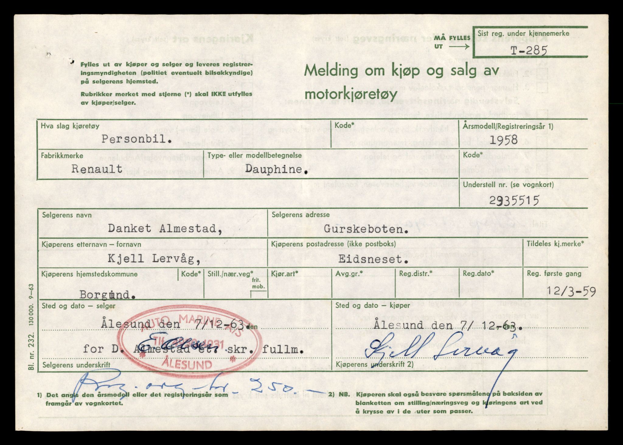 Møre og Romsdal vegkontor - Ålesund trafikkstasjon, AV/SAT-A-4099/F/Fe/L0003: Registreringskort for kjøretøy T 232 - T 340, 1927-1998, p. 1483