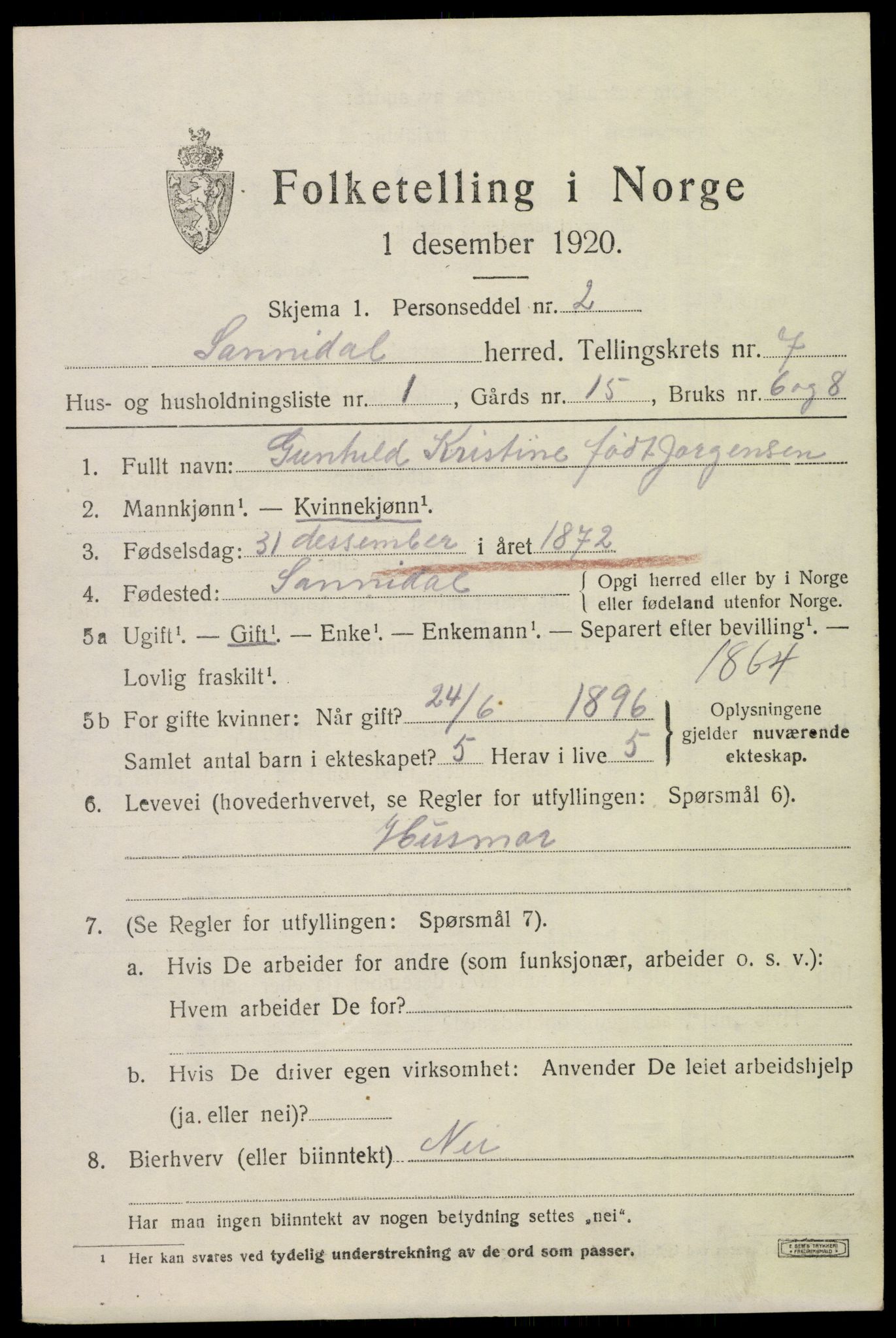 SAKO, 1920 census for Sannidal, 1920, p. 4915