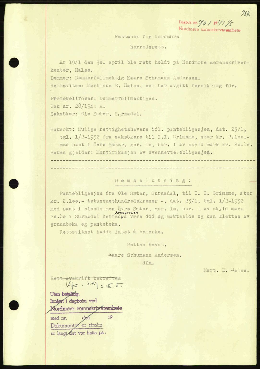 Nordmøre sorenskriveri, SAT/A-4132/1/2/2Ca: Mortgage book no. A89, 1940-1941, Diary no: : 701/1941