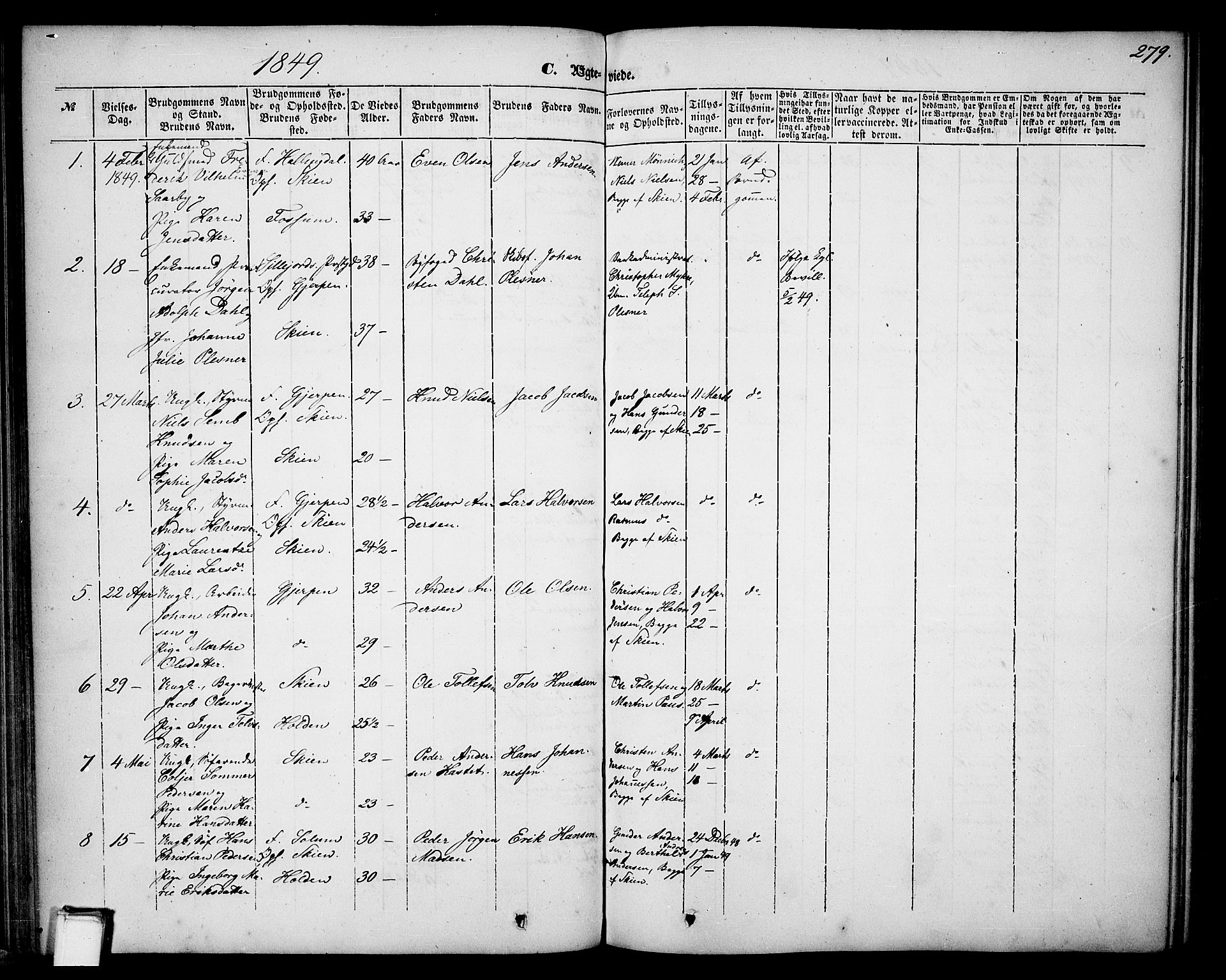 Skien kirkebøker, AV/SAKO-A-302/G/Ga/L0004: Parish register (copy) no. 4, 1843-1867, p. 279