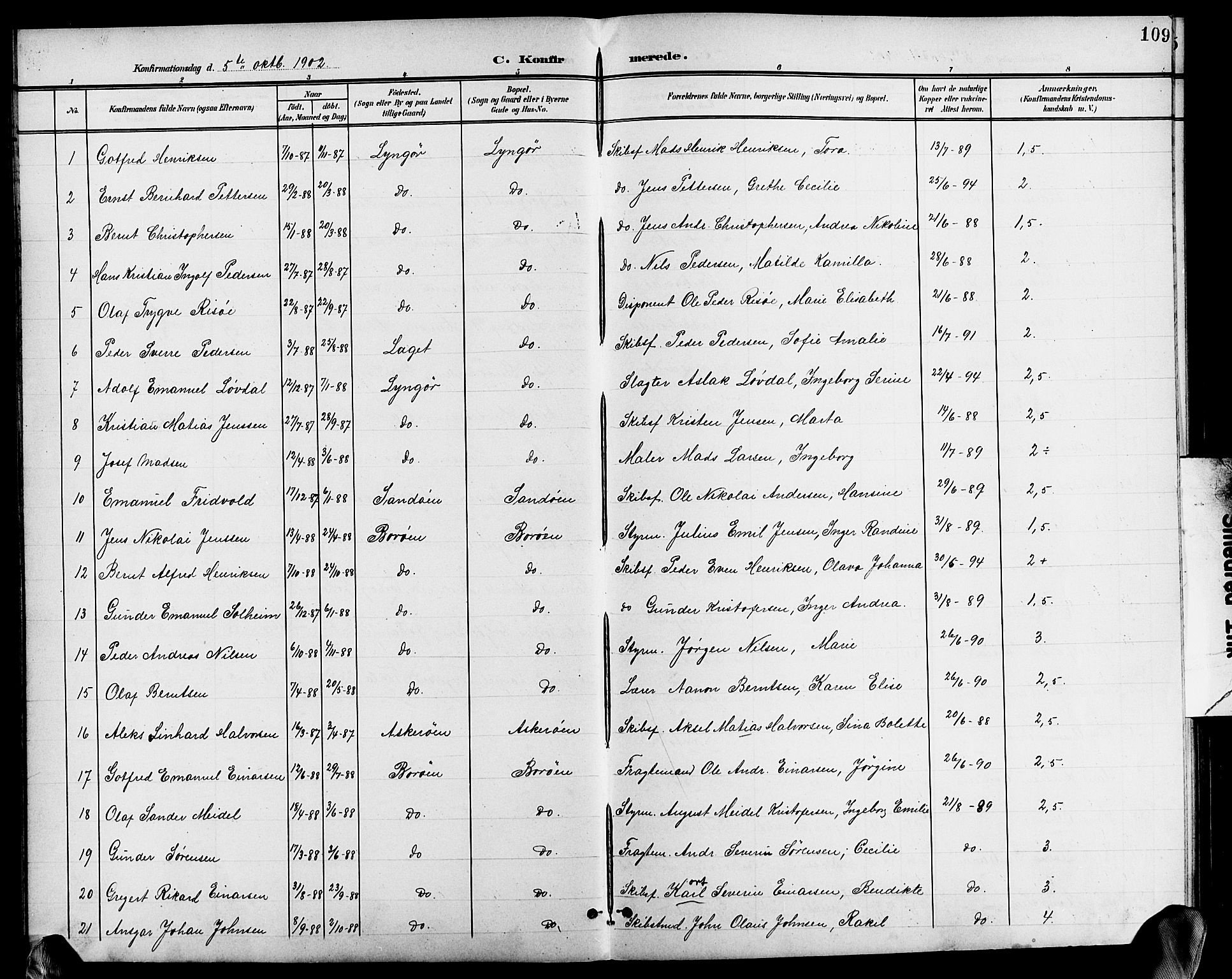 Dypvåg sokneprestkontor, AV/SAK-1111-0007/F/Fb/Fba/L0014: Parish register (copy) no. B 14, 1901-1922, p. 109