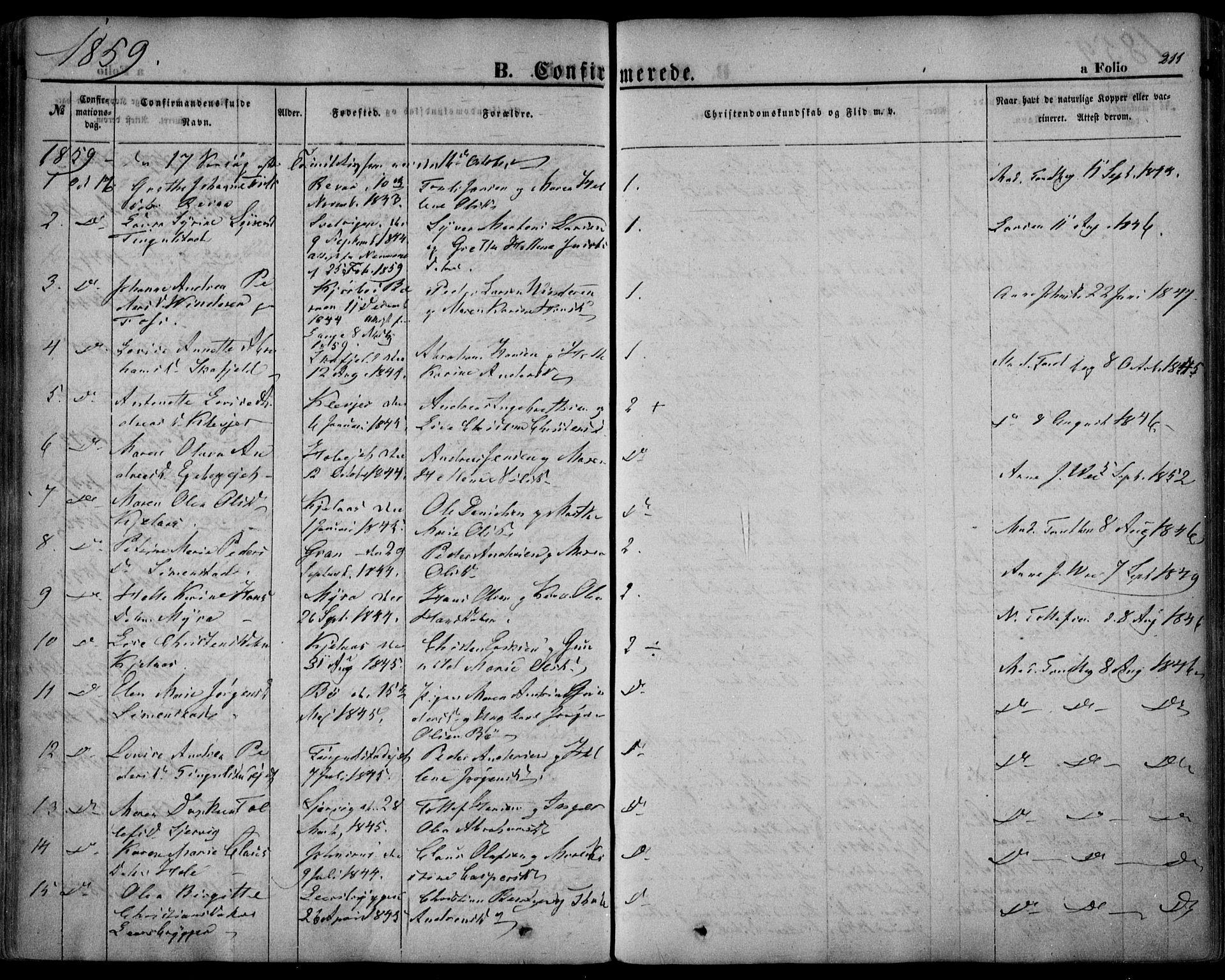 Sande Kirkebøker, AV/SAKO-A-53/F/Fa/L0004: Parish register (official) no. 4, 1847-1864, p. 211