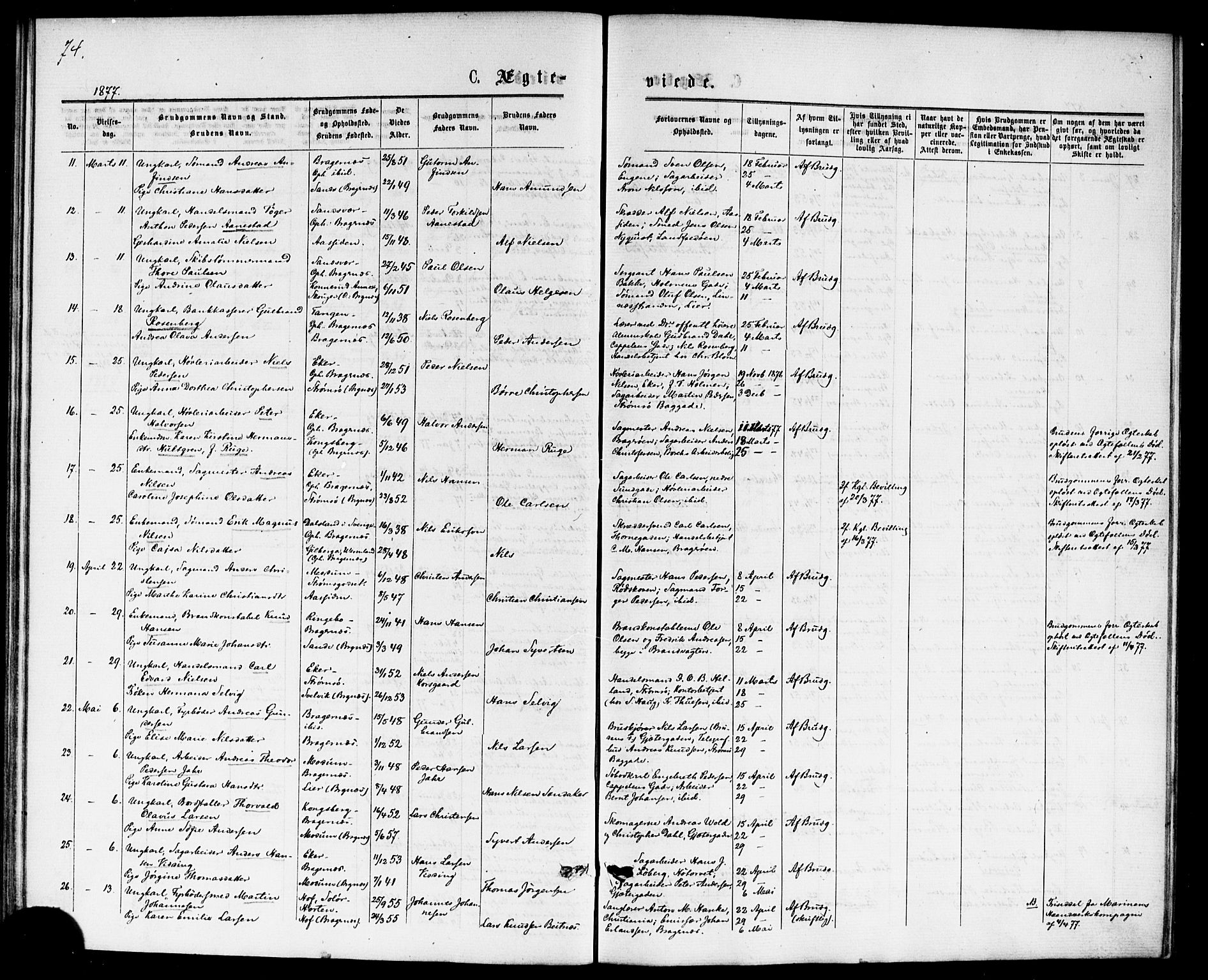 Bragernes kirkebøker, AV/SAKO-A-6/F/Fc/L0004: Parish register (official) no. III 4, 1875-1877, p. 74