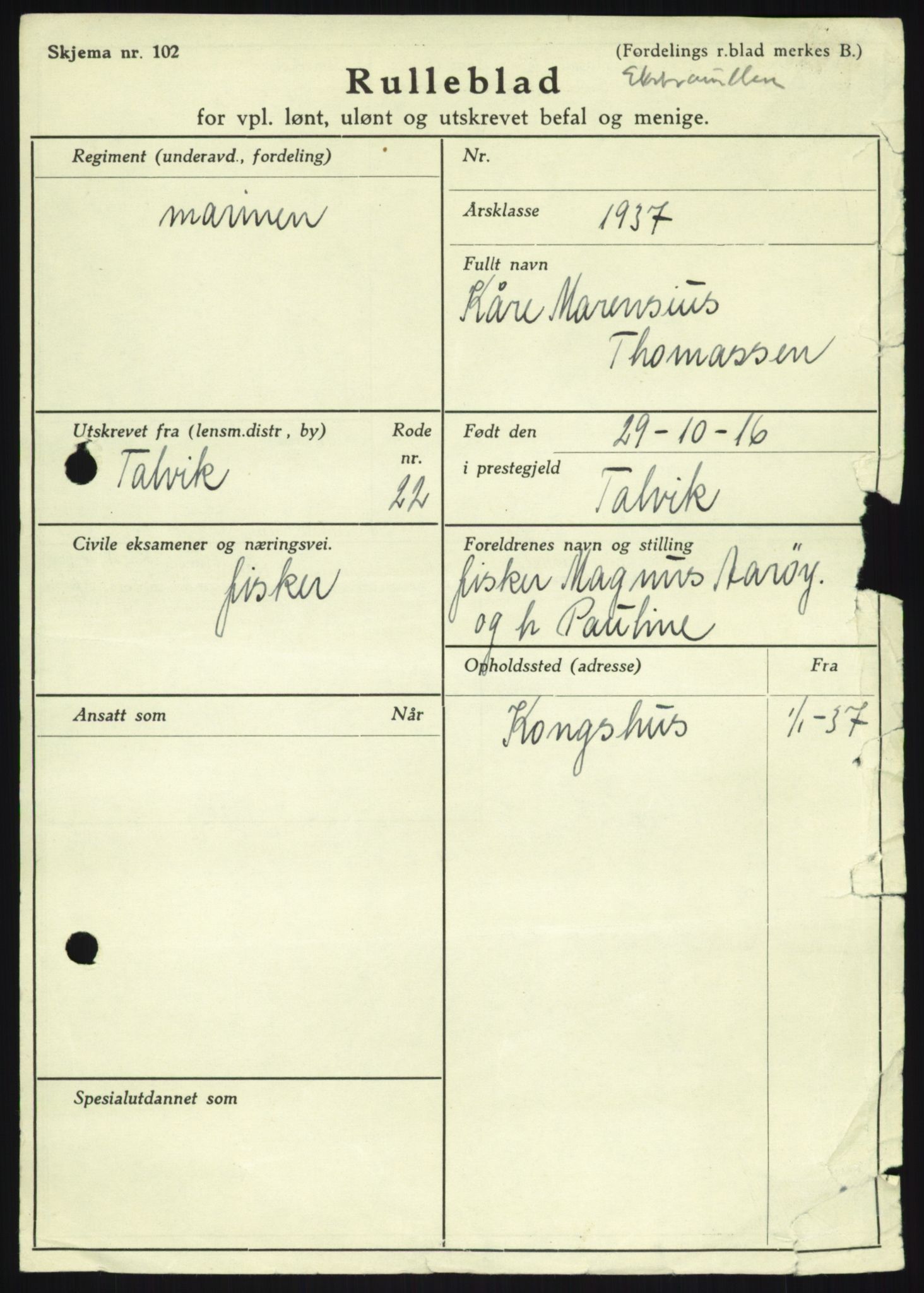 Forsvaret, Troms infanteriregiment nr. 16, AV/RA-RAFA-3146/P/Pa/L0021: Rulleblad for regimentets menige mannskaper, årsklasse 1937, 1937, p. 1163