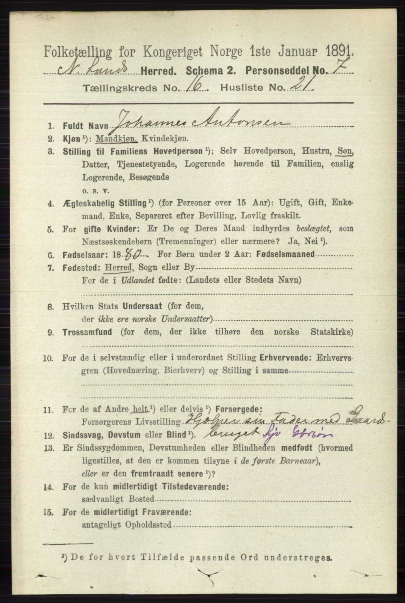 RA, 1891 census for 0538 Nordre Land, 1891, p. 4259