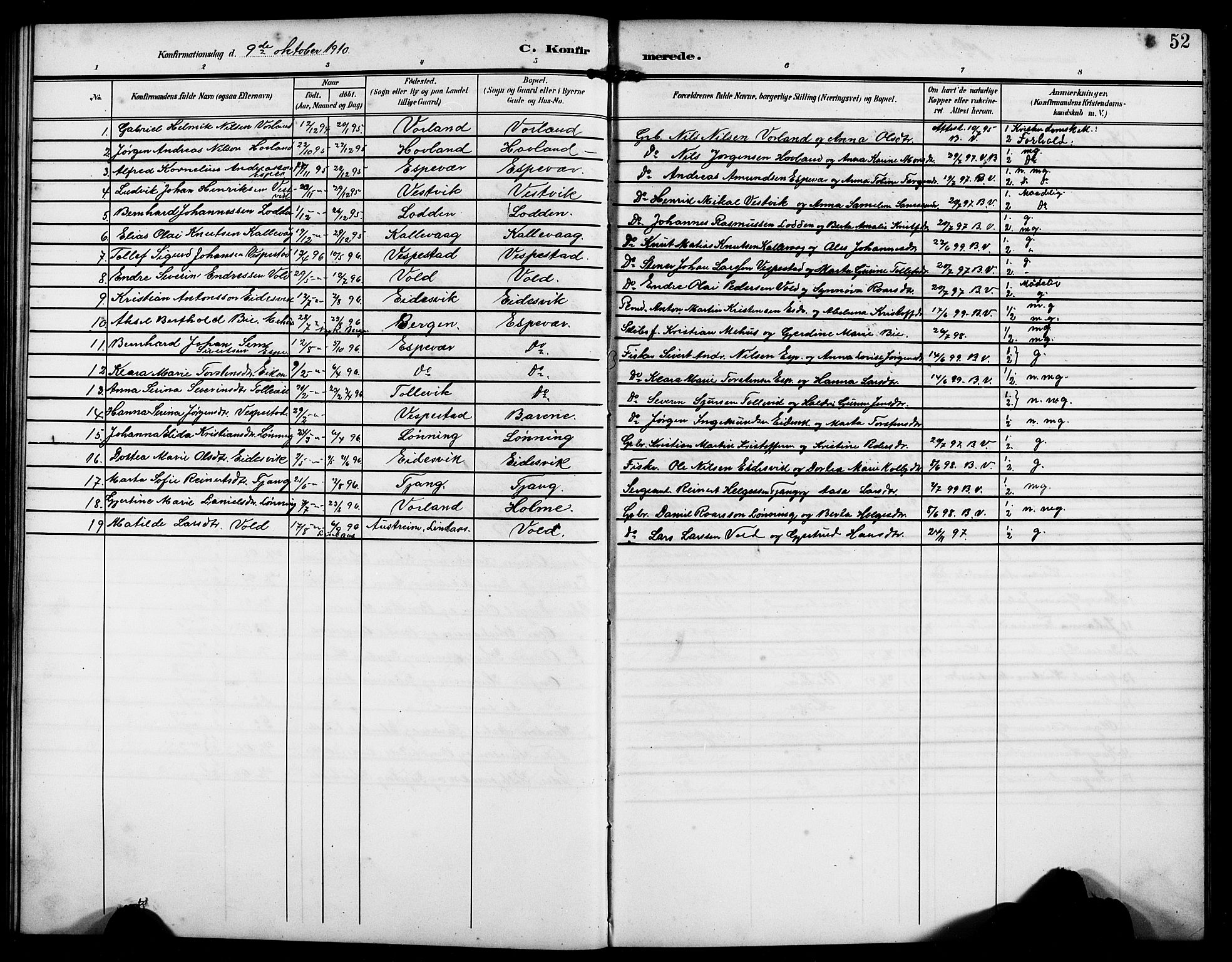 Finnås sokneprestembete, AV/SAB-A-99925/H/Ha/Hab/Habc/L0003: Parish register (copy) no. C 3, 1907-1917, p. 52