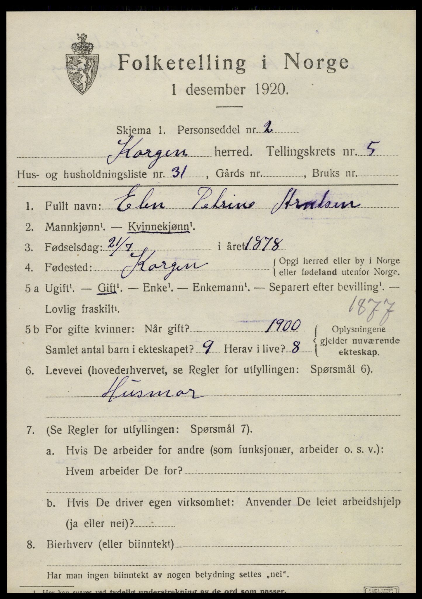 SAT, 1920 census for Korgen, 1920, p. 2390