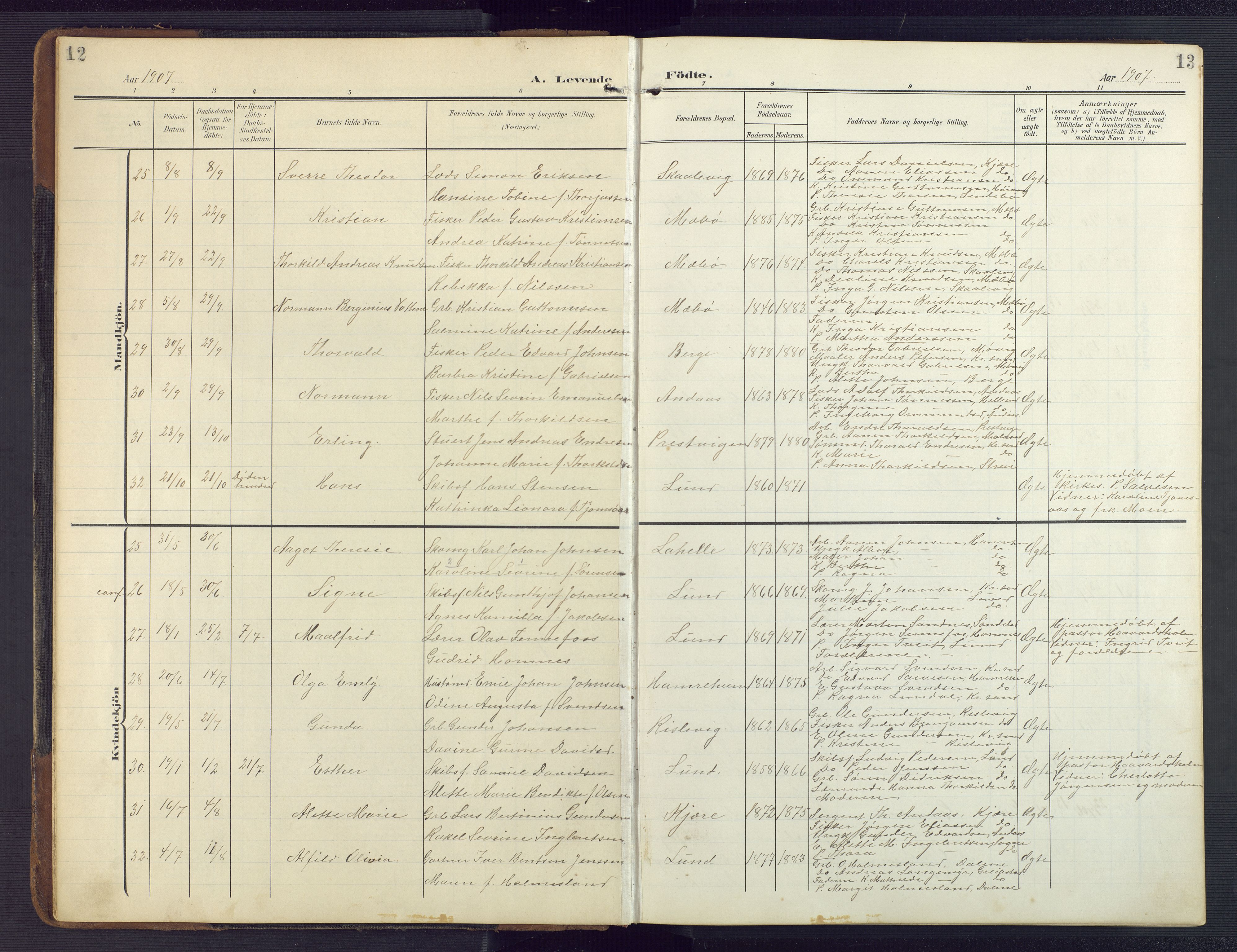 Oddernes sokneprestkontor, AV/SAK-1111-0033/F/Fb/Fba/L0010: Parish register (copy) no. B 10, 1907-1941, p. 12-13
