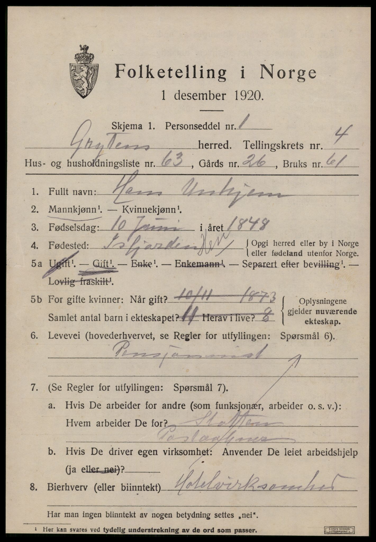 SAT, 1920 census for Grytten, 1920, p. 3746