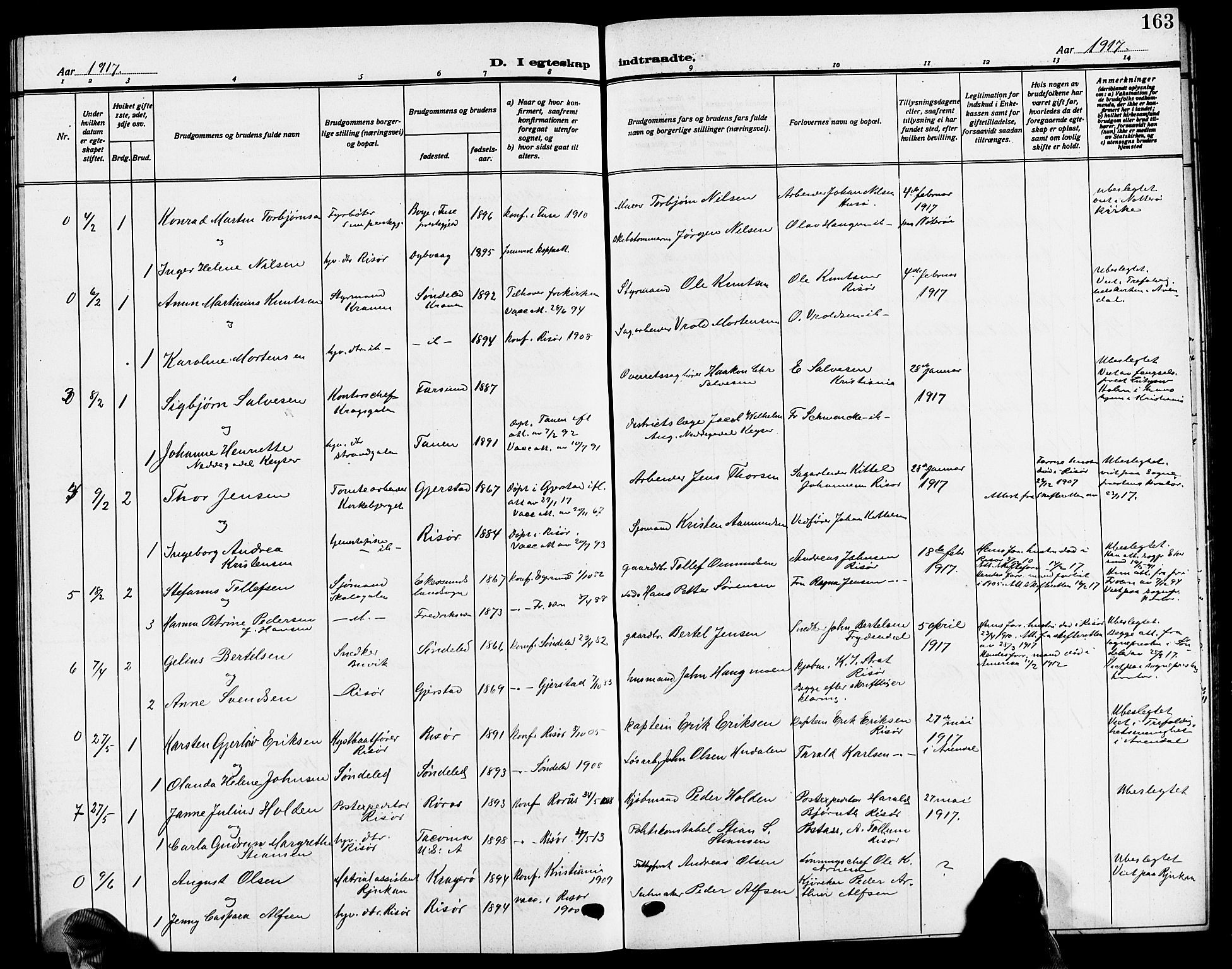 Risør sokneprestkontor, SAK/1111-0035/F/Fb/L0008: Parish register (copy) no. B 8, 1909-1921, p. 163