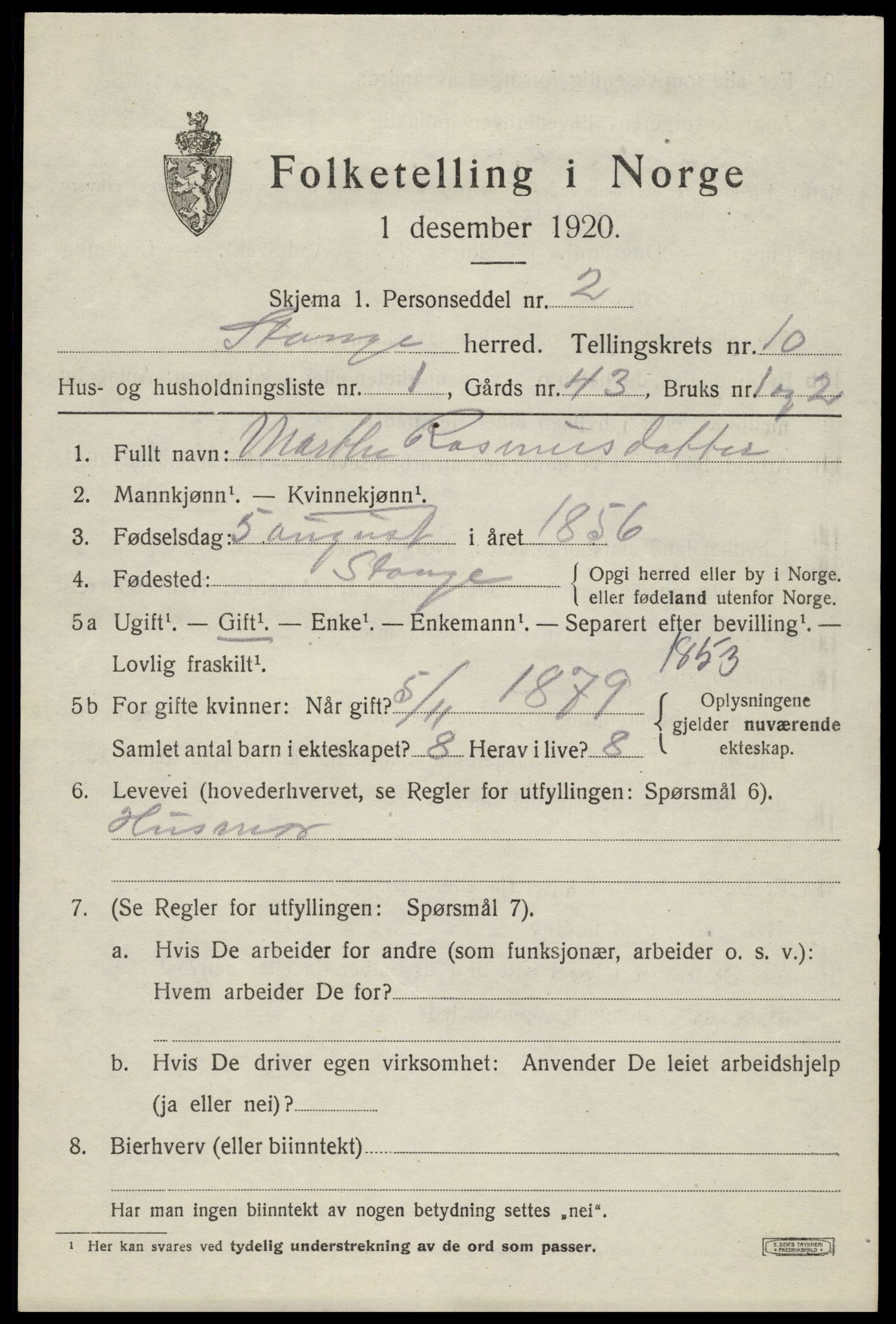 SAH, 1920 census for Stange, 1920, p. 15841