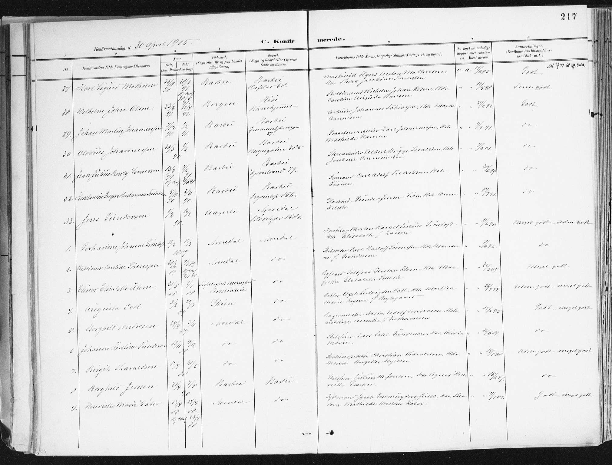 Arendal sokneprestkontor, Trefoldighet, AV/SAK-1111-0040/F/Fa/L0010: Parish register (official) no. A 10, 1900-1919, p. 217