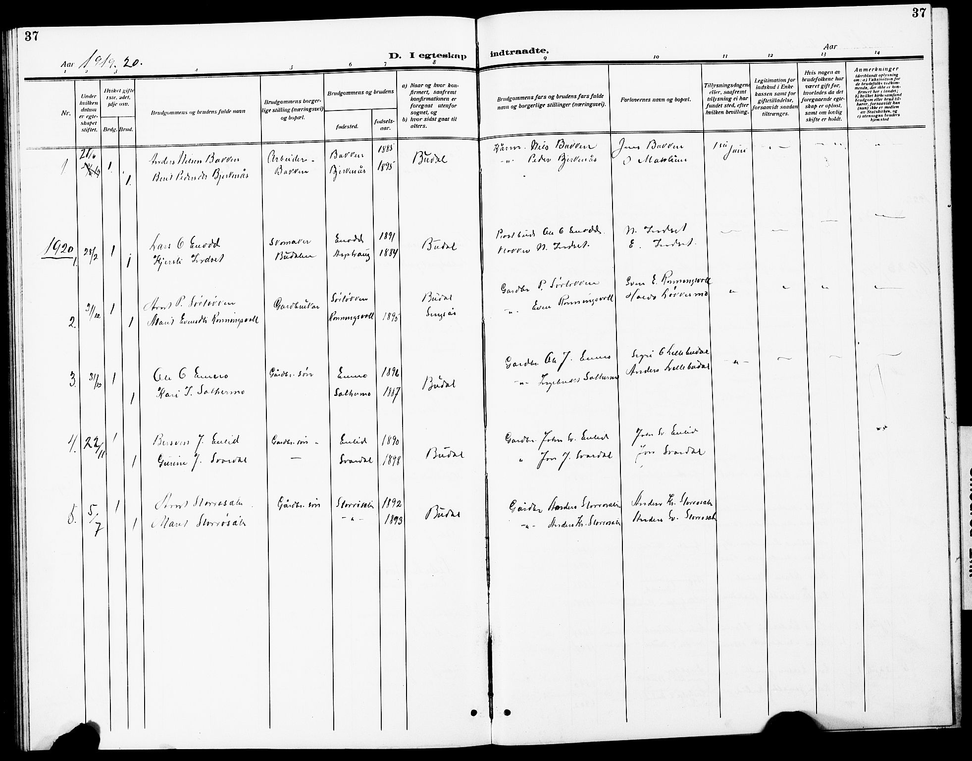 Ministerialprotokoller, klokkerbøker og fødselsregistre - Sør-Trøndelag, SAT/A-1456/690/L1052: Parish register (copy) no. 690C02, 1907-1929, p. 37