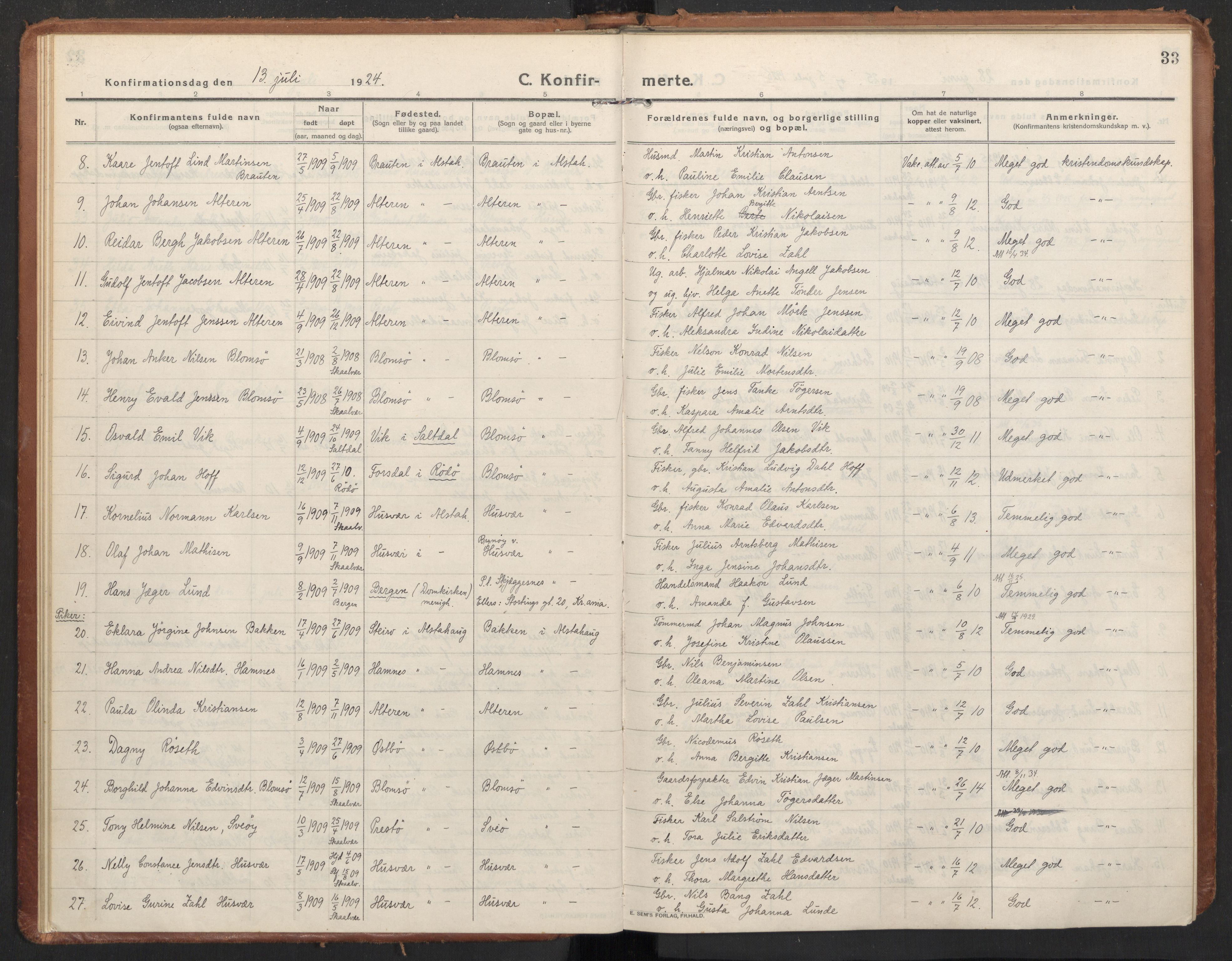 Ministerialprotokoller, klokkerbøker og fødselsregistre - Nordland, AV/SAT-A-1459/830/L0456: Parish register (official) no. 830A20, 1914-1937, p. 33