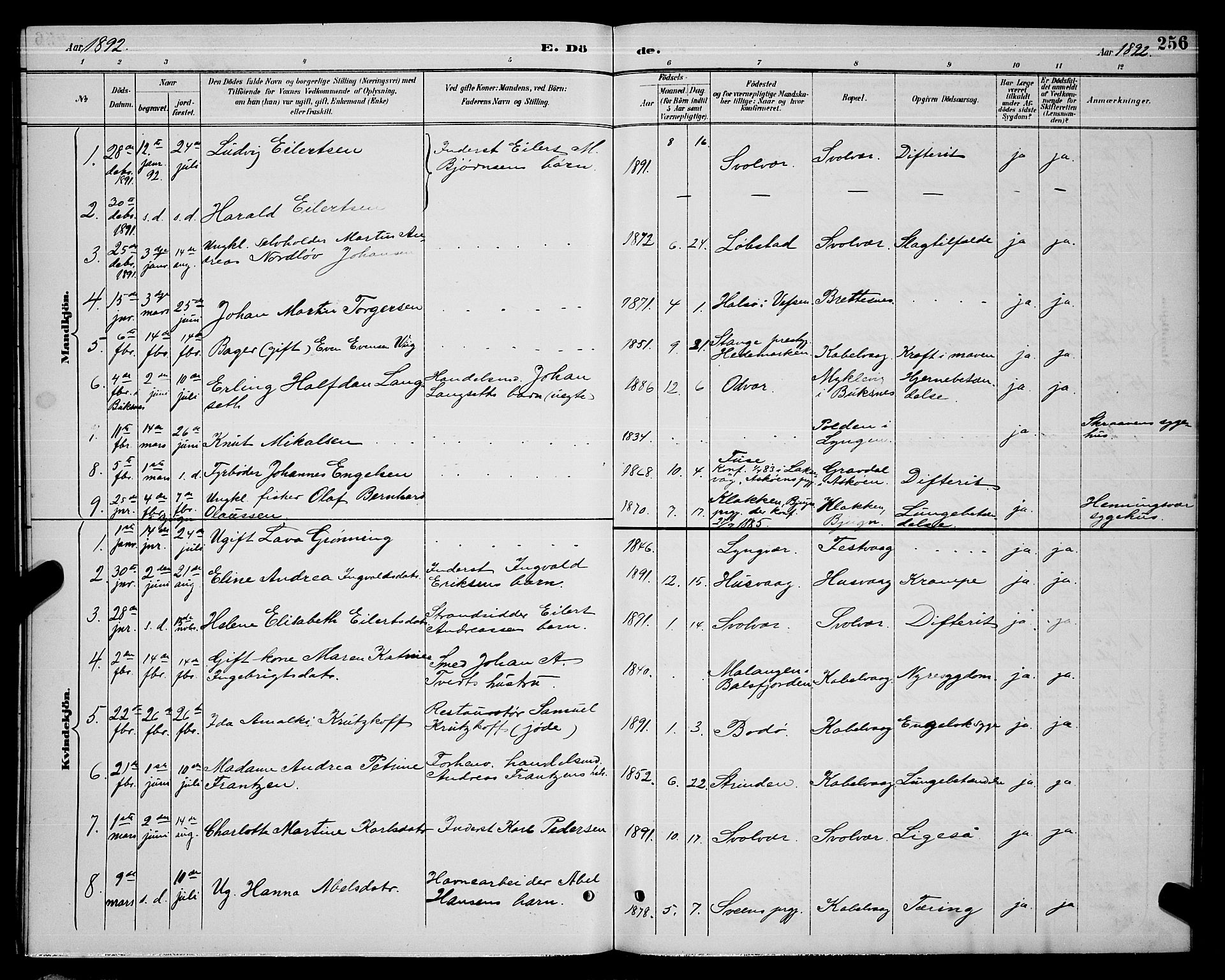 Ministerialprotokoller, klokkerbøker og fødselsregistre - Nordland, AV/SAT-A-1459/874/L1077: Parish register (copy) no. 874C06, 1891-1900, p. 256