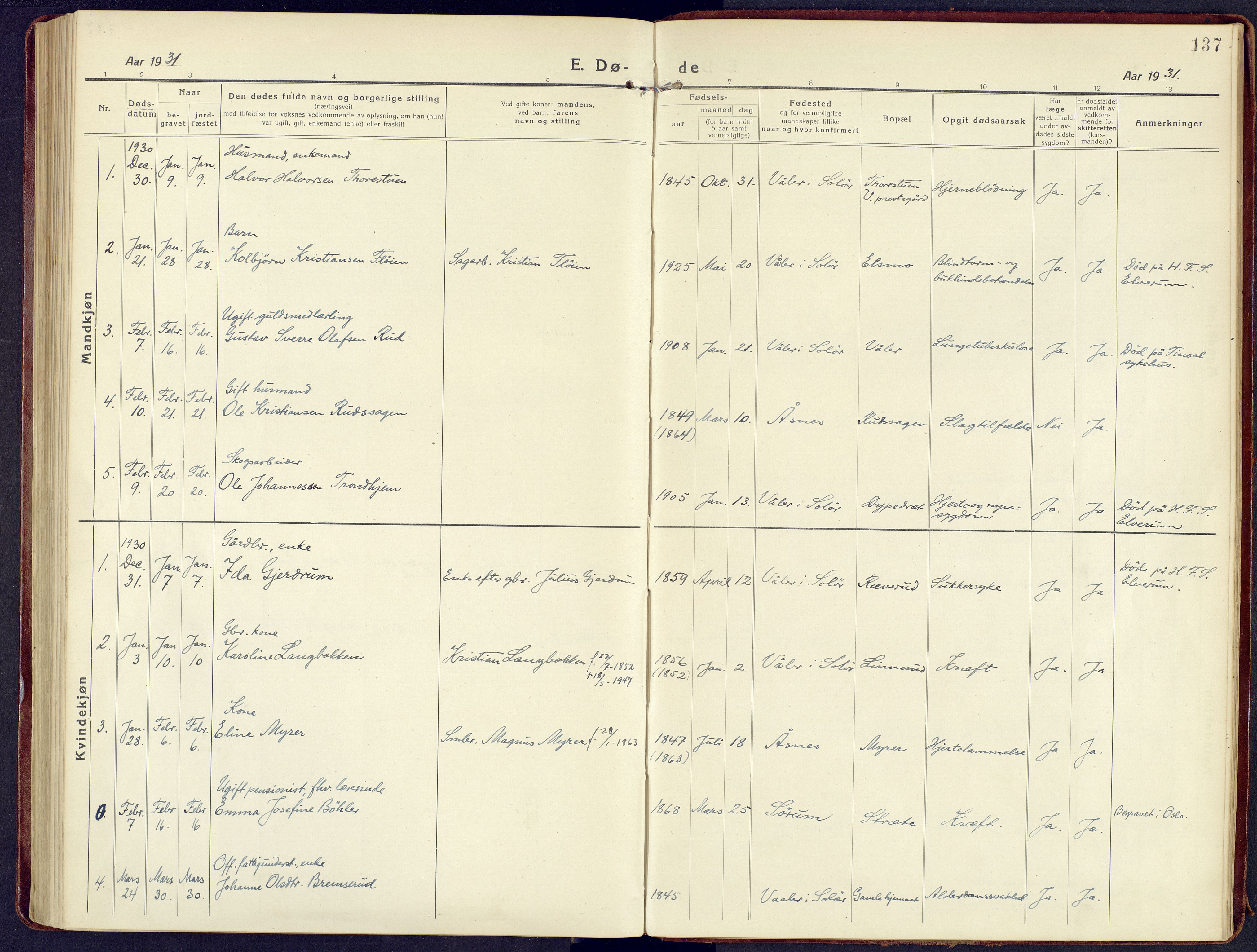 Våler prestekontor, Hedmark, AV/SAH-PREST-040/H/Ha/Haa/L0011: Parish register (official) no. 11, 1919-1933, p. 137