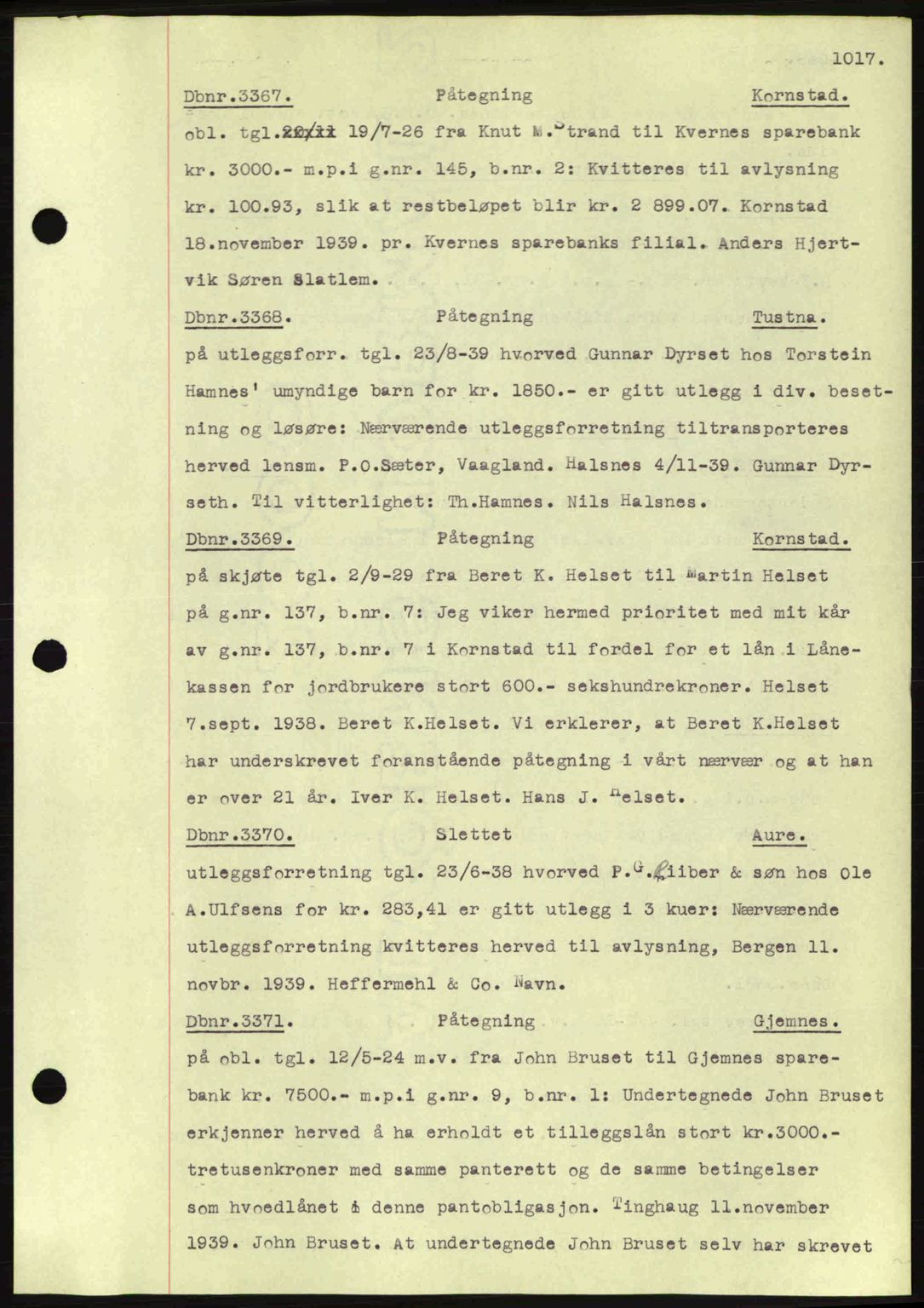 Nordmøre sorenskriveri, AV/SAT-A-4132/1/2/2Ca: Mortgage book no. C80, 1936-1939, Diary no: : 3367/1939