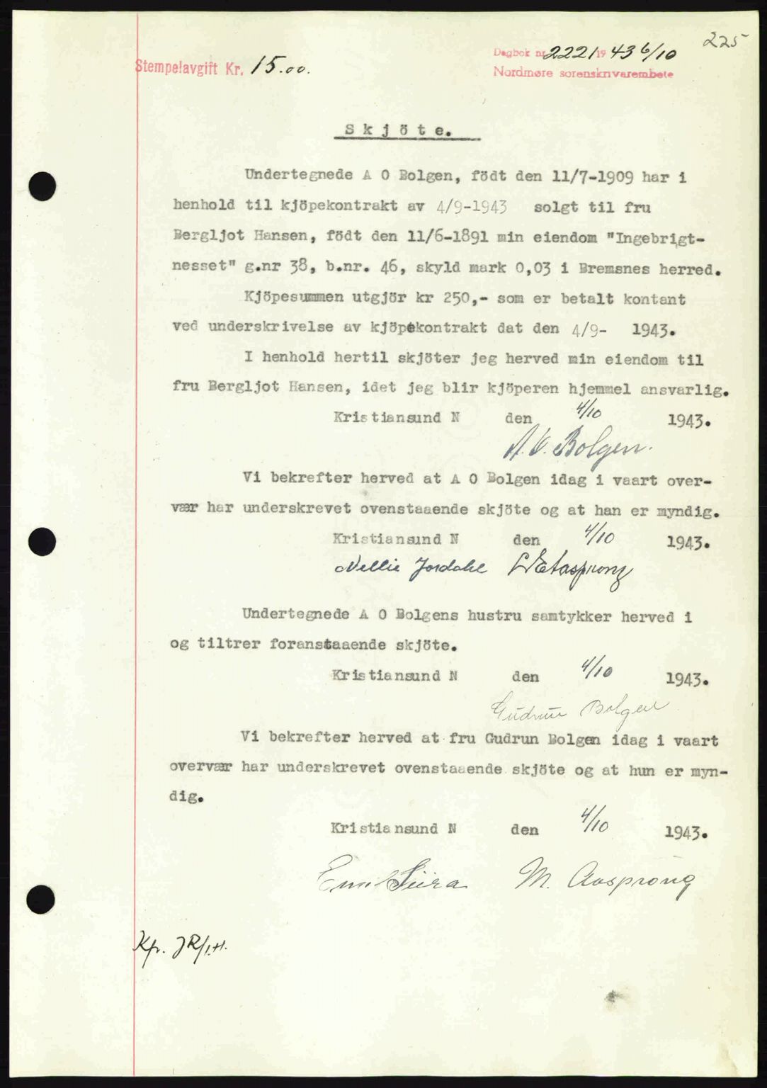 Nordmøre sorenskriveri, SAT/A-4132/1/2/2Ca: Mortgage book no. A96, 1943-1944, Diary no: : 2221/1943