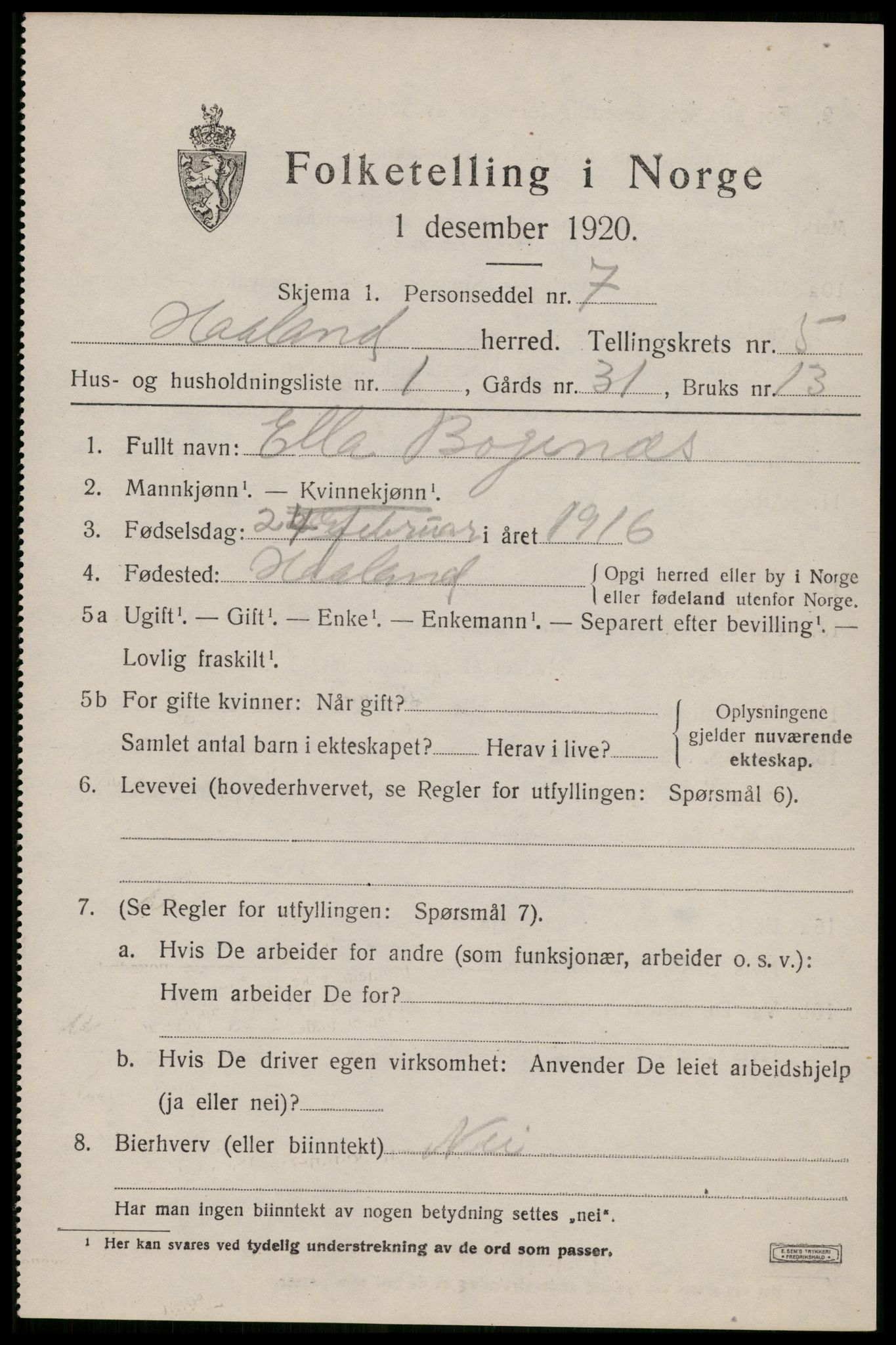 SAST, 1920 census for Håland, 1920, p. 4527