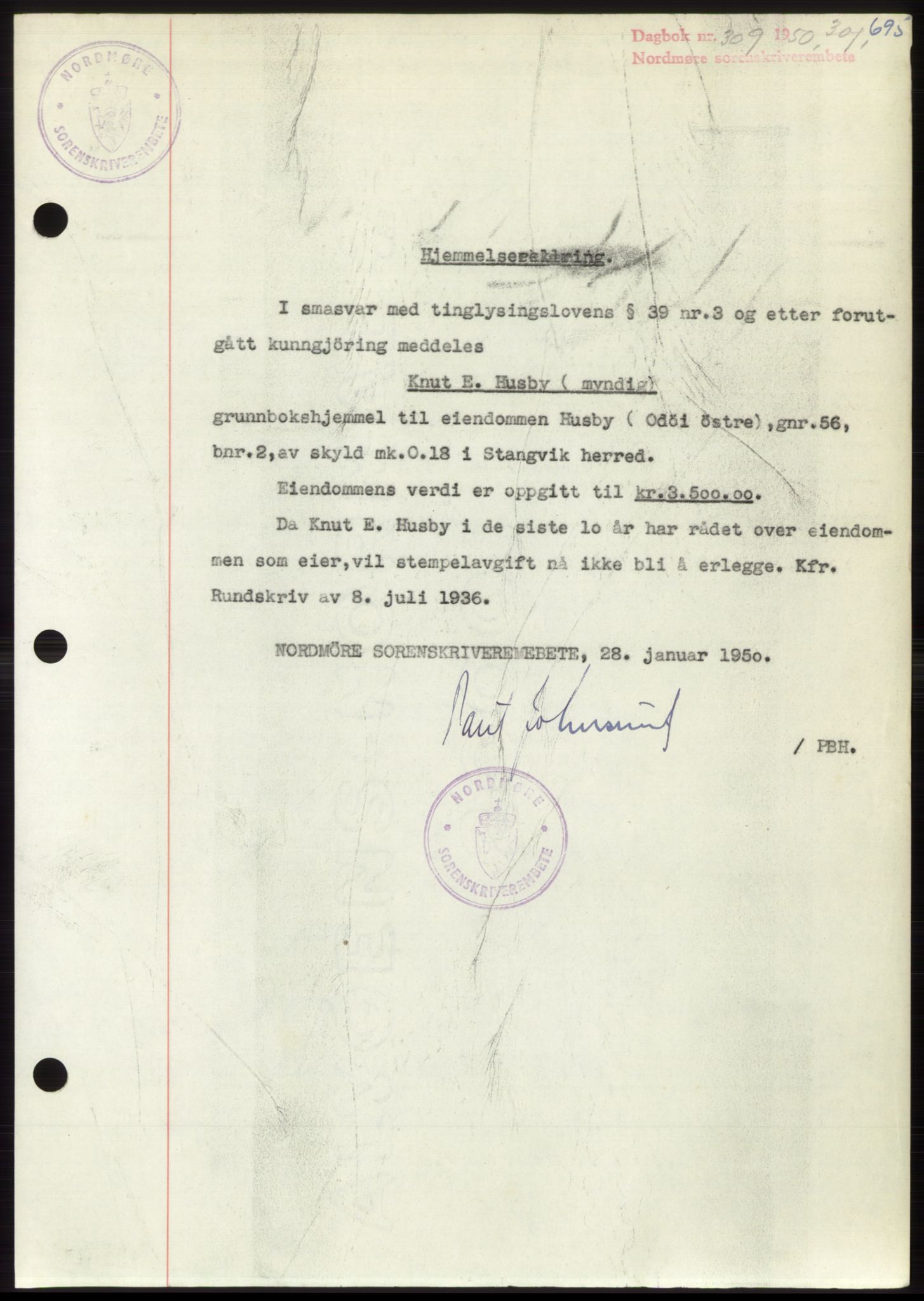 Nordmøre sorenskriveri, AV/SAT-A-4132/1/2/2Ca: Mortgage book no. B103, 1949-1950, Diary no: : 309/1950