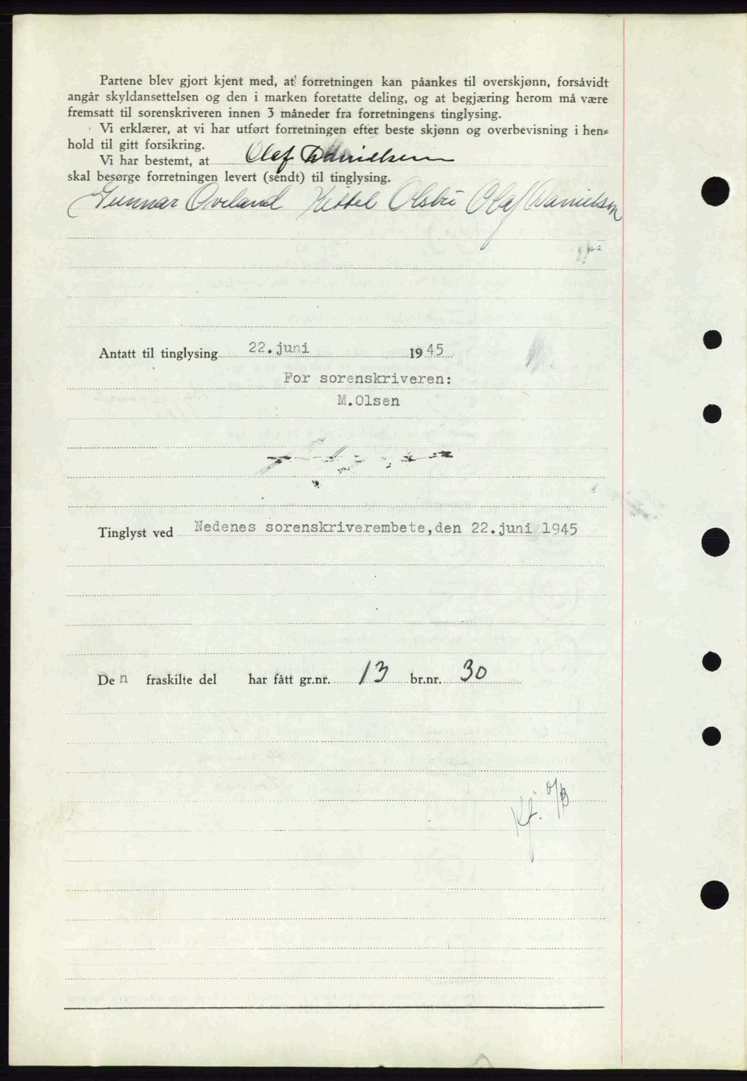 Nedenes sorenskriveri, AV/SAK-1221-0006/G/Gb/Gba/L0052: Mortgage book no. A6a, 1944-1945, Diary no: : 458/1945