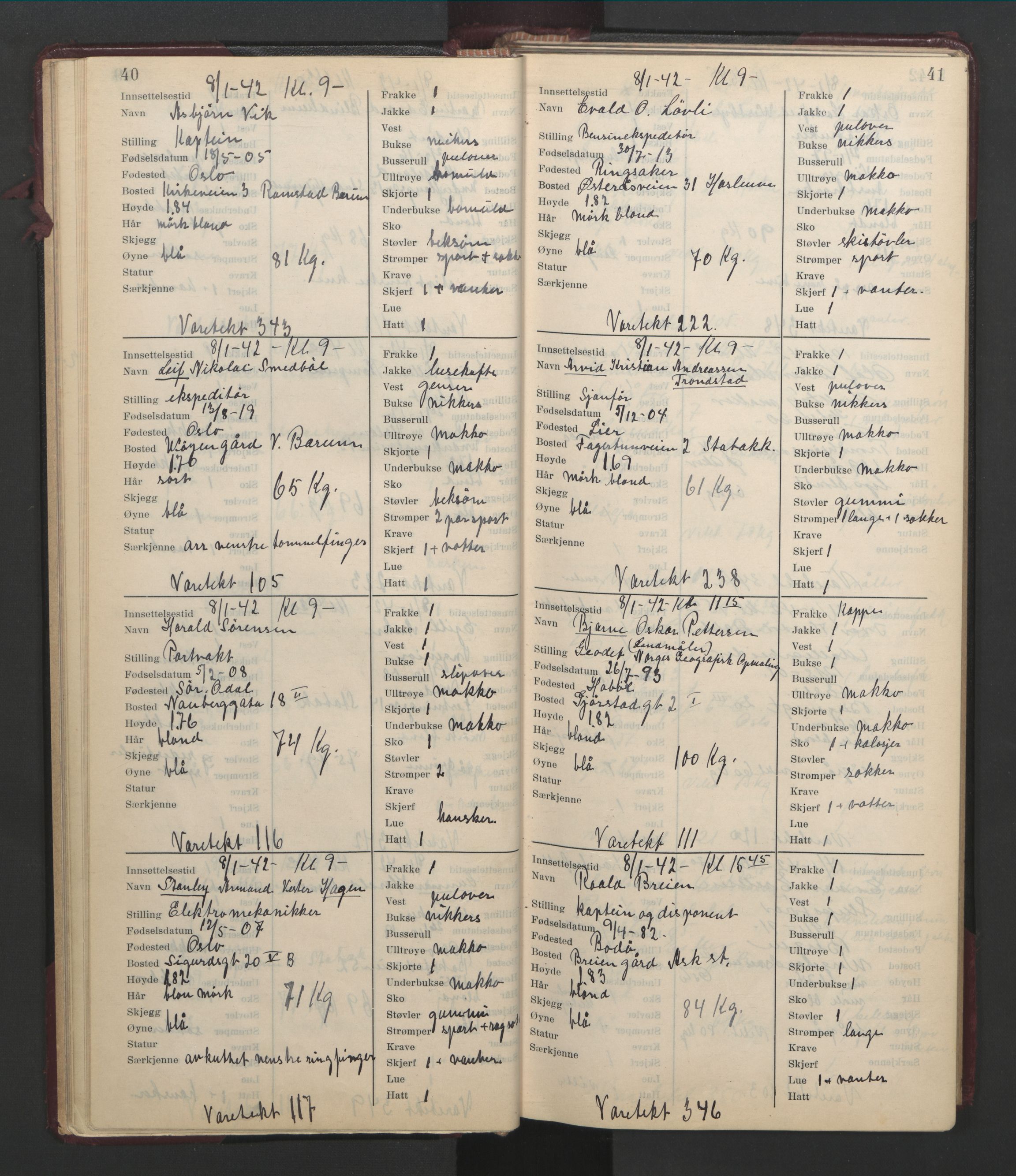 Statspolitiet - Hovedkontoret / Osloavdelingen, AV/RA-S-1329/C/Cl/L0014: Mottakelsesprotokoll, 1941-1944, p. 40-41