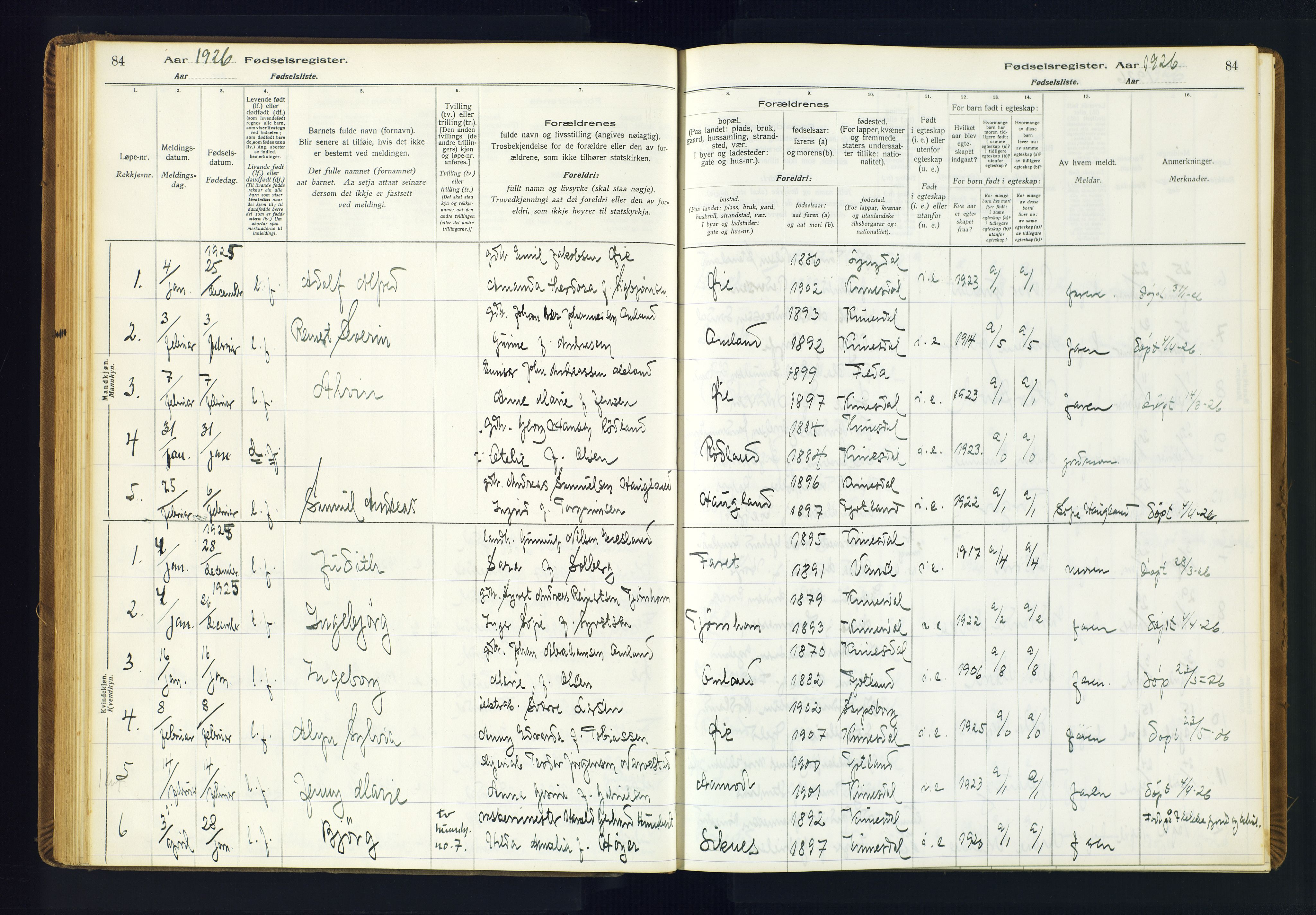 Kvinesdal sokneprestkontor, AV/SAK-1111-0026/J/Ja/L0001: Birth register no. 1, 1916-1941, p. 84